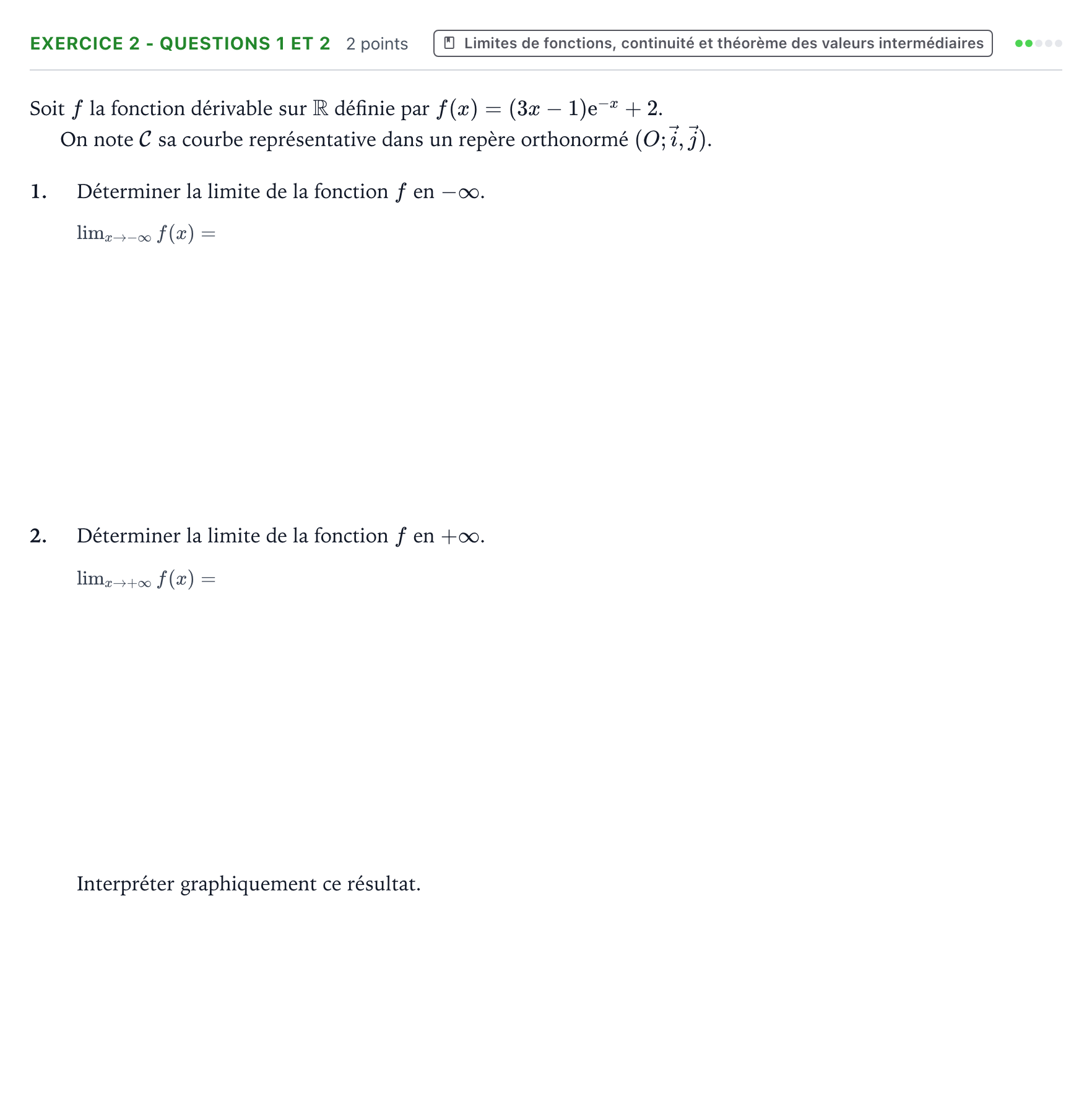 Énoncé: Exercice 2 - Questions 1 et 2 · Bac Mathématiques Métropole 2 remplacement 2026