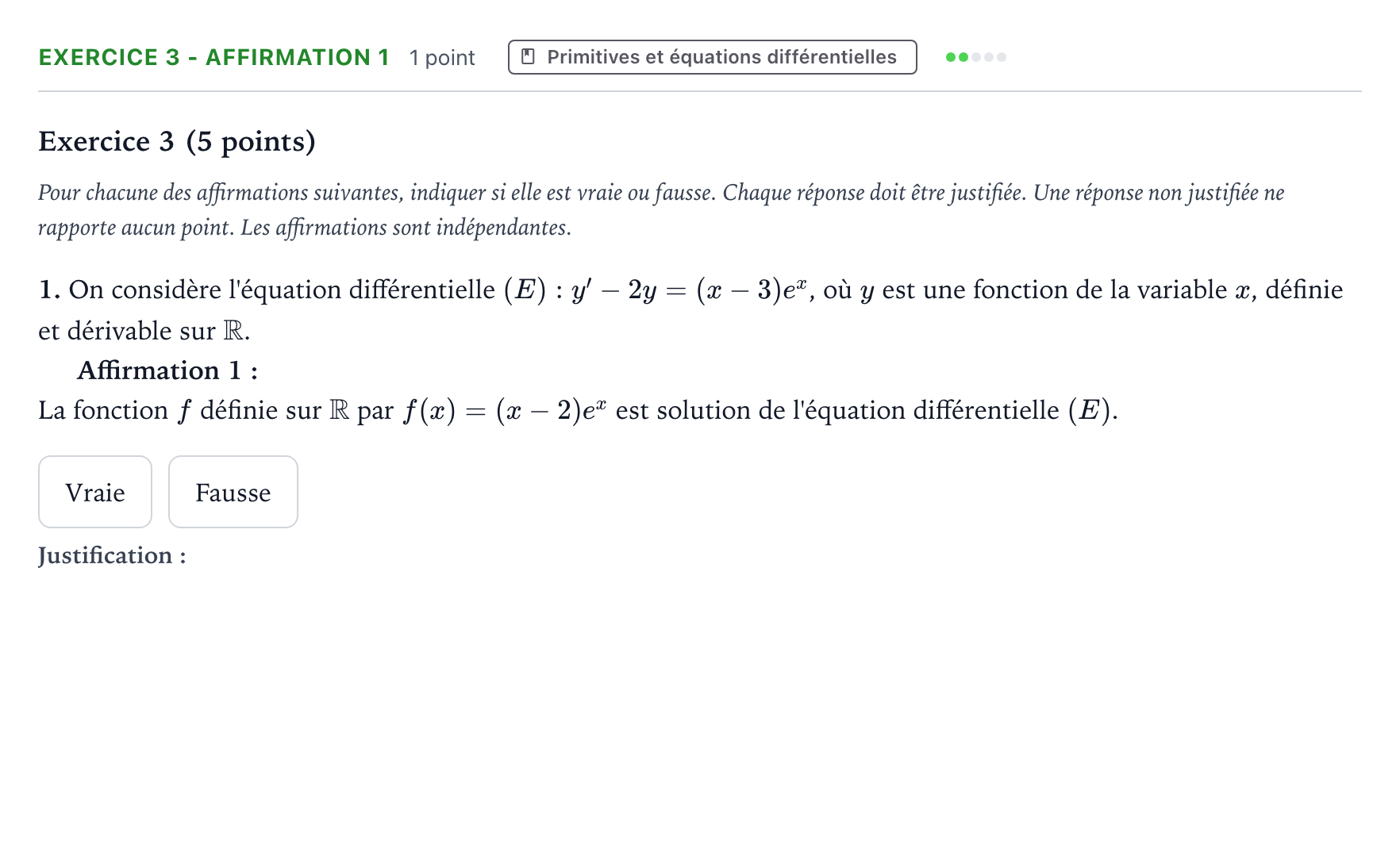 Énoncé: Exercice 3 - Affirmation 1 · Bac Mathématiques Métropole 2 remplacement 2026