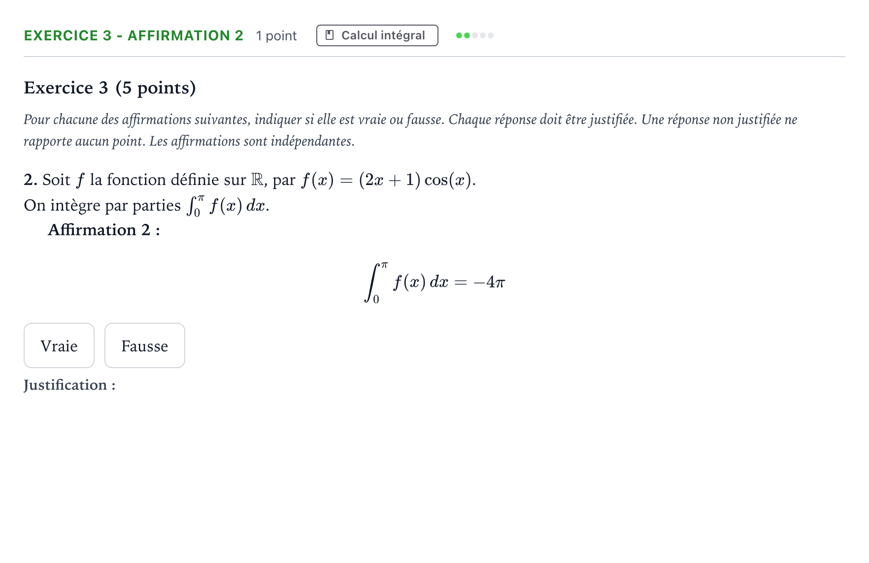 Énoncé: Exercice 3 - Affirmation 2 · Bac Mathématiques Métropole 2 remplacement 2026