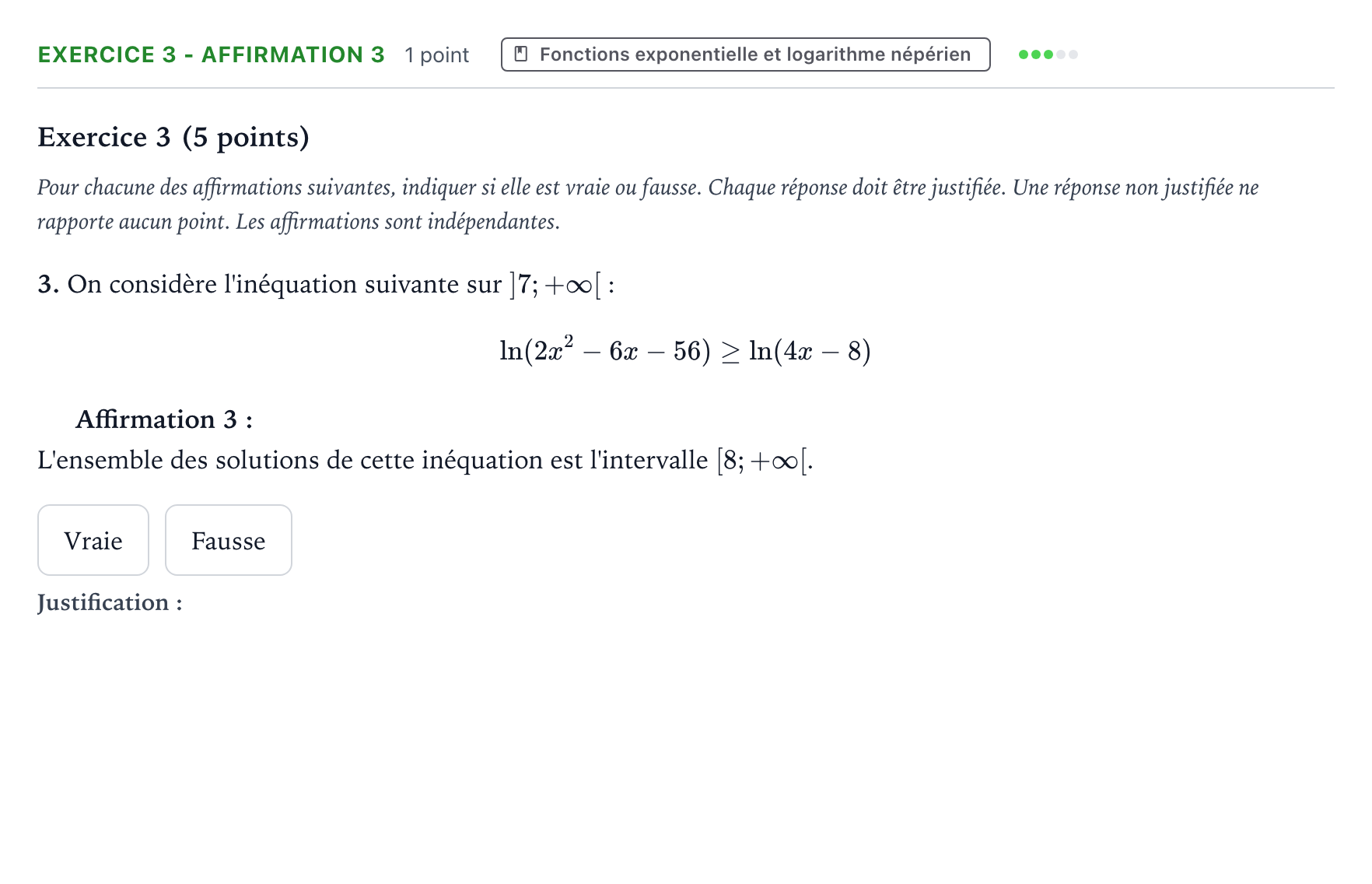 Énoncé: Exercice 3 - Affirmation 3 · Bac Mathématiques Métropole 2 remplacement 2026