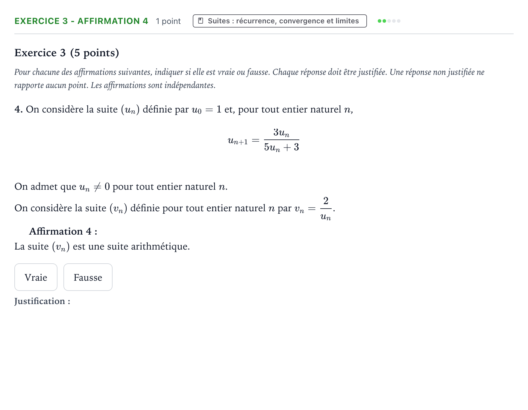 Énoncé: Exercice 3 - Affirmation 4 · Bac Mathématiques Métropole 2 remplacement 2026