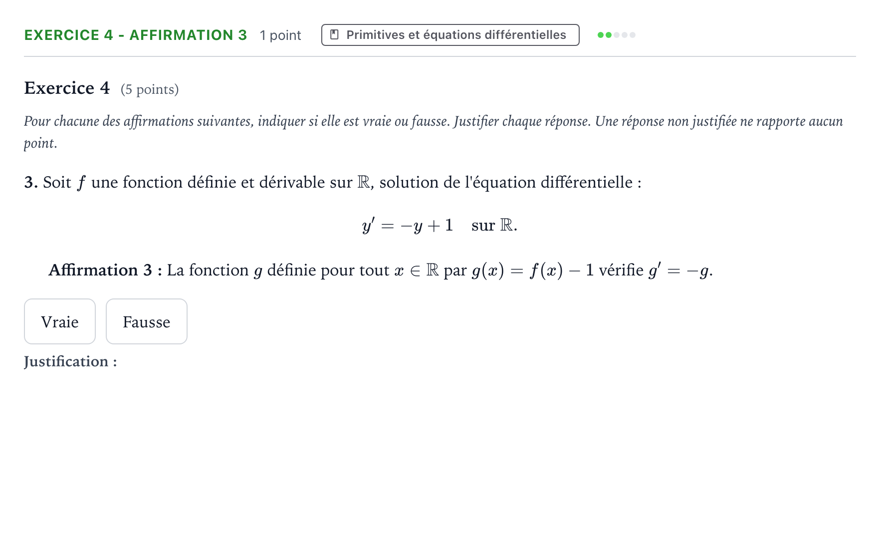 Énoncé: Exercice 4 - Affirmation 3 · Bac Mathématiques Polynésie 2026 (jour 2)