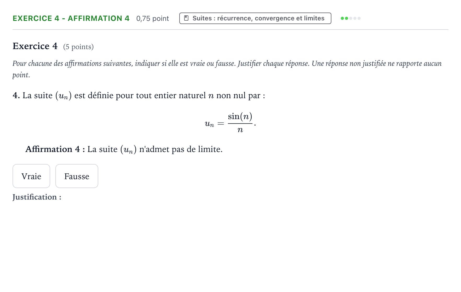 Énoncé: Exercice 4 - Affirmation 4 · Bac Mathématiques Polynésie 2026 (jour 2)