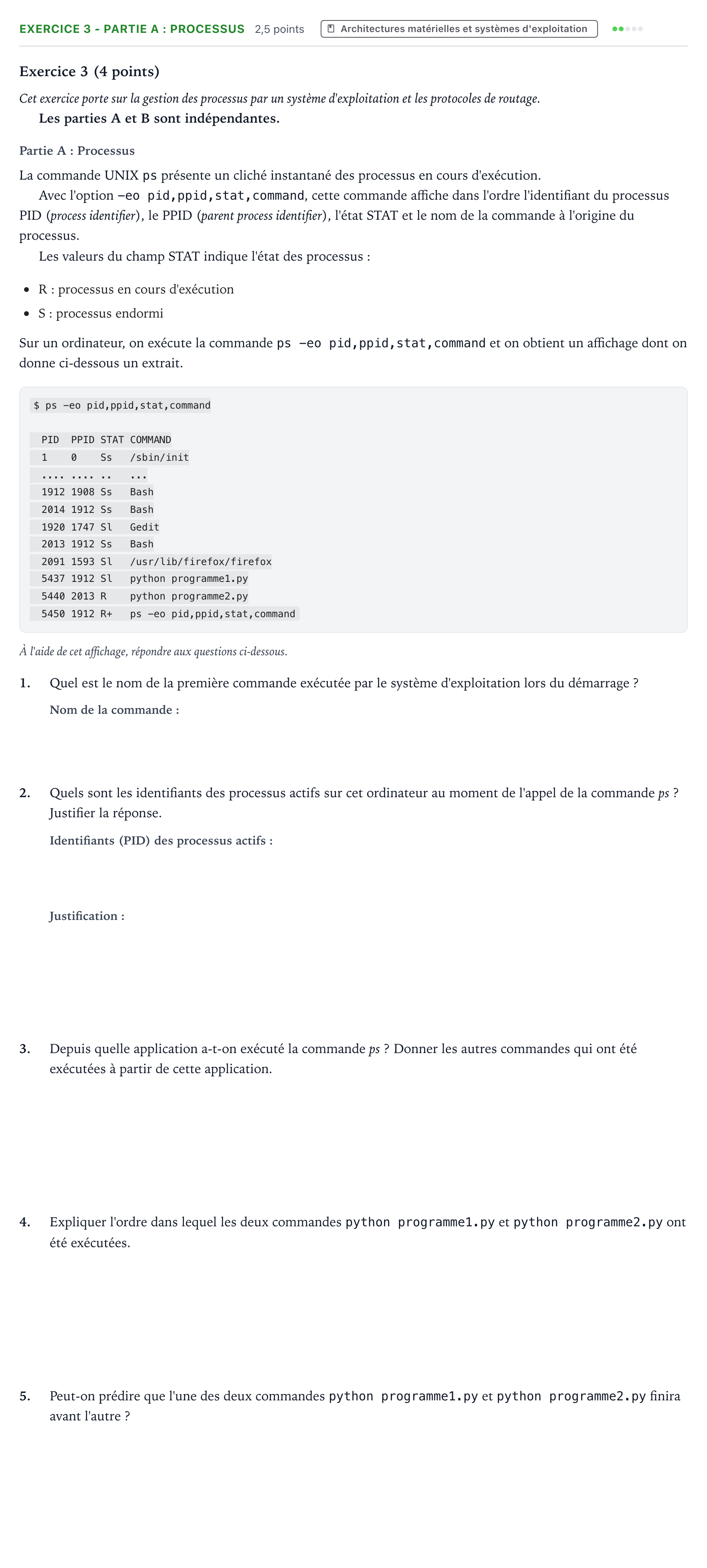 Énoncé: Exercice 3 - Partie A : Processus · Bac Numérique et Sciences Informatiques Métropole Candidat libre 2021 (sujet 1)