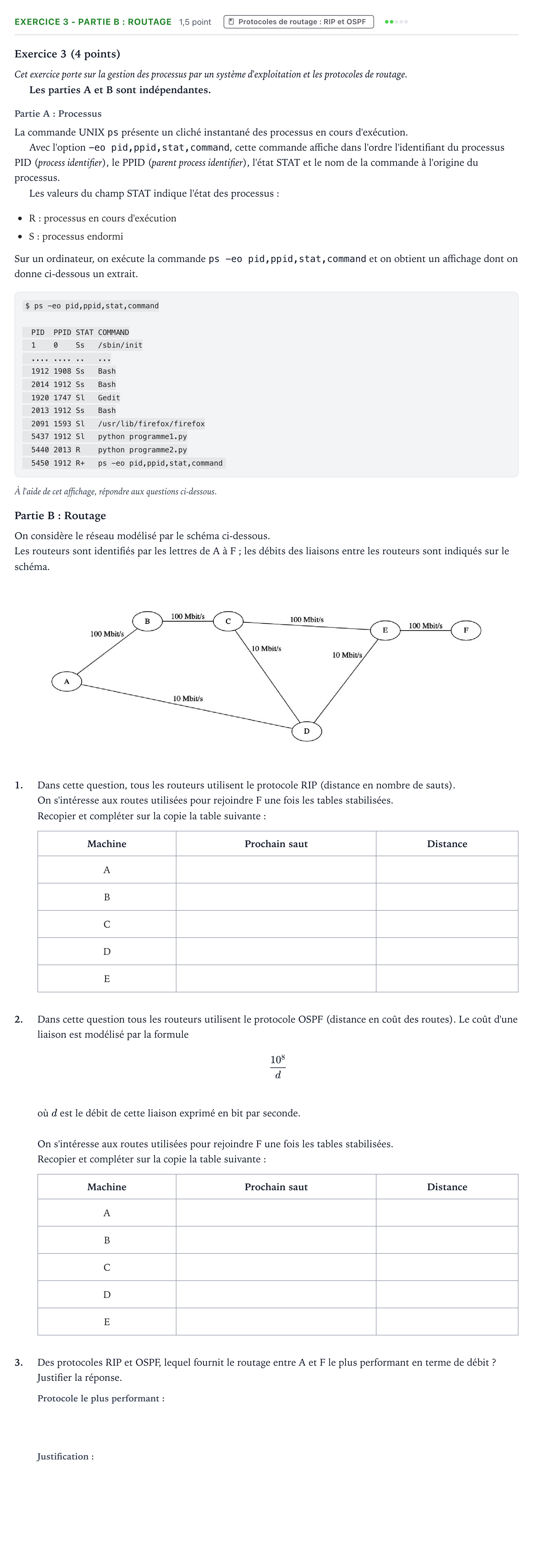 Énoncé: Exercice 3 - Partie B : Routage · Bac Numérique et Sciences Informatiques Métropole Candidat libre 2021 (sujet 1)