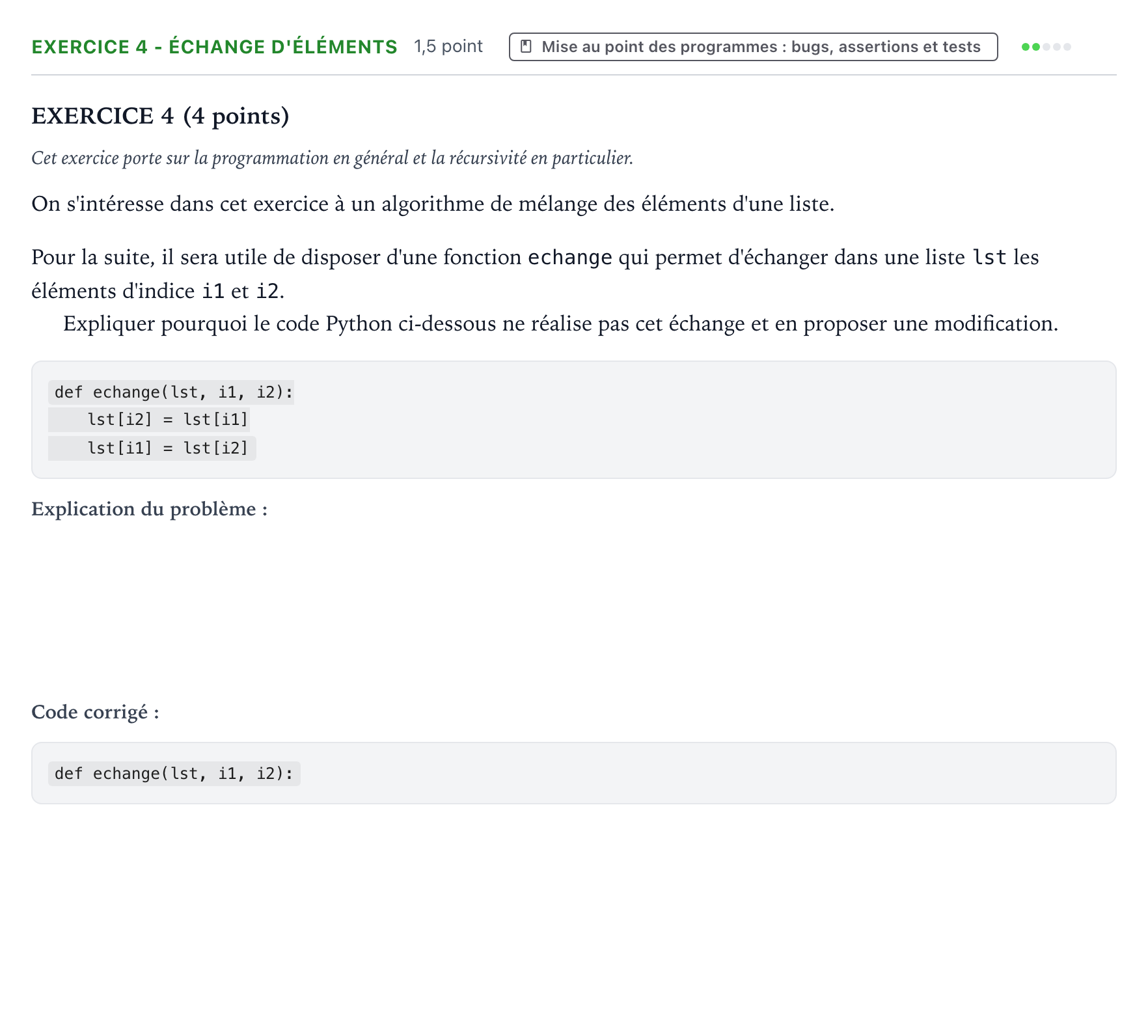 Énoncé: Exercice 4 - Échange d'éléments · Bac Numérique et Sciences Informatiques Métropole Candidat libre 2021 (sujet 2)