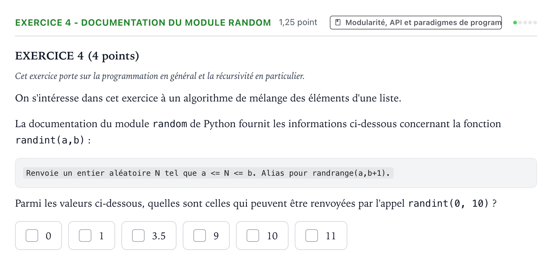 Énoncé: Exercice 4 - Documentation du module random · Bac Numérique et Sciences Informatiques Métropole Candidat libre 2021 (sujet 2)