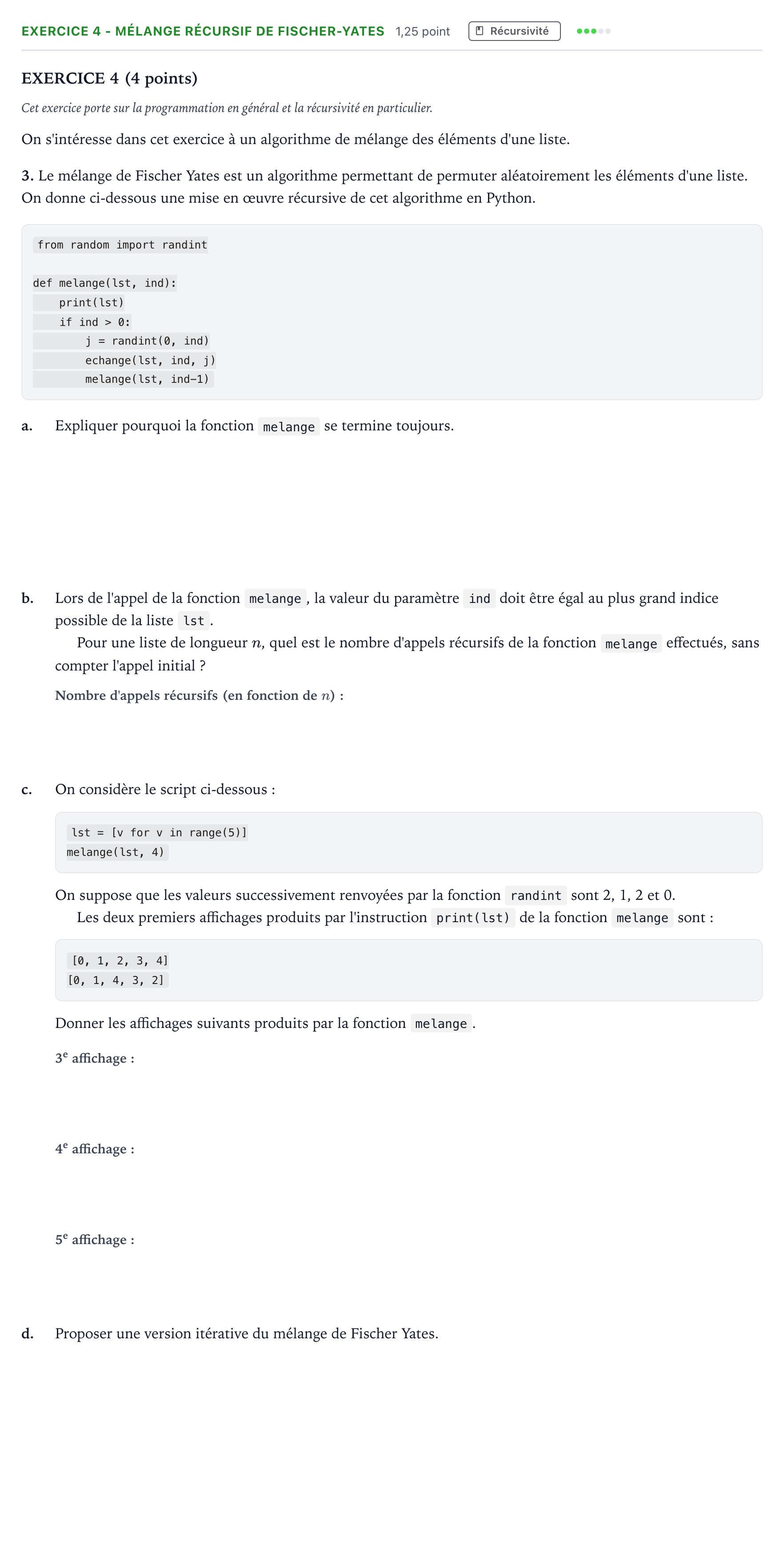 Énoncé: Exercice 4 - Mélange récursif de Fischer-Yates · Bac Numérique et Sciences Informatiques Métropole Candidat libre 2021 (sujet 2)