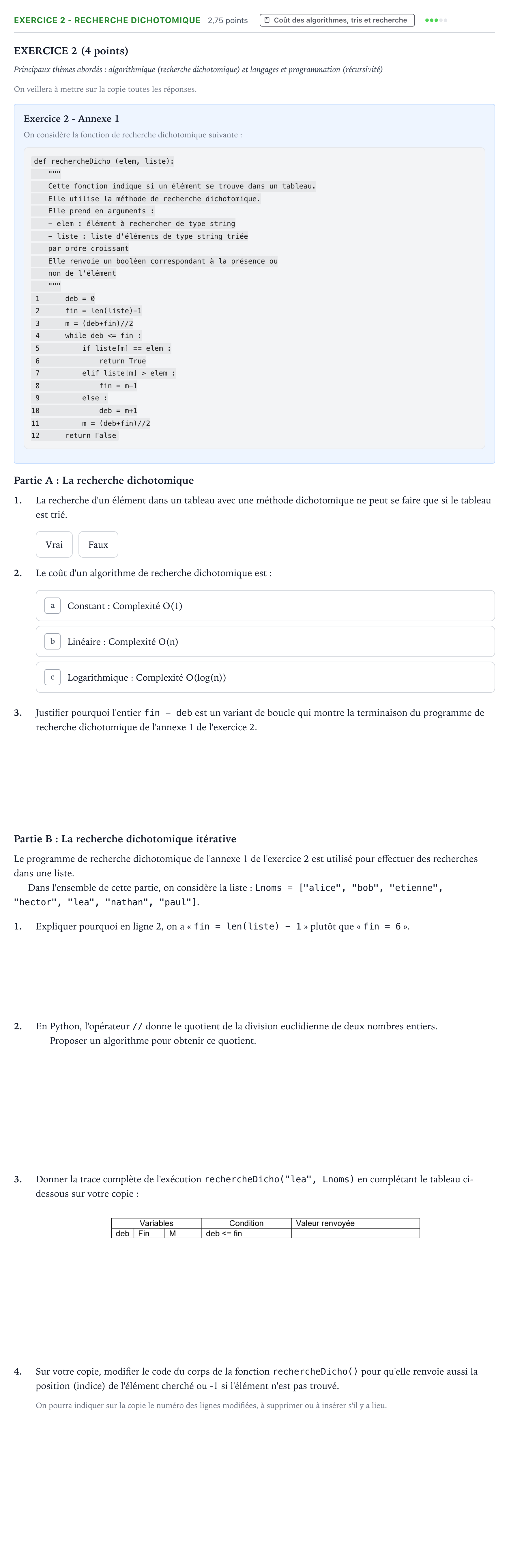 Énoncé: Exercice 2 - Recherche dichotomique · Bac Numérique et Sciences Informatiques Métropole 1 remplacement 2021