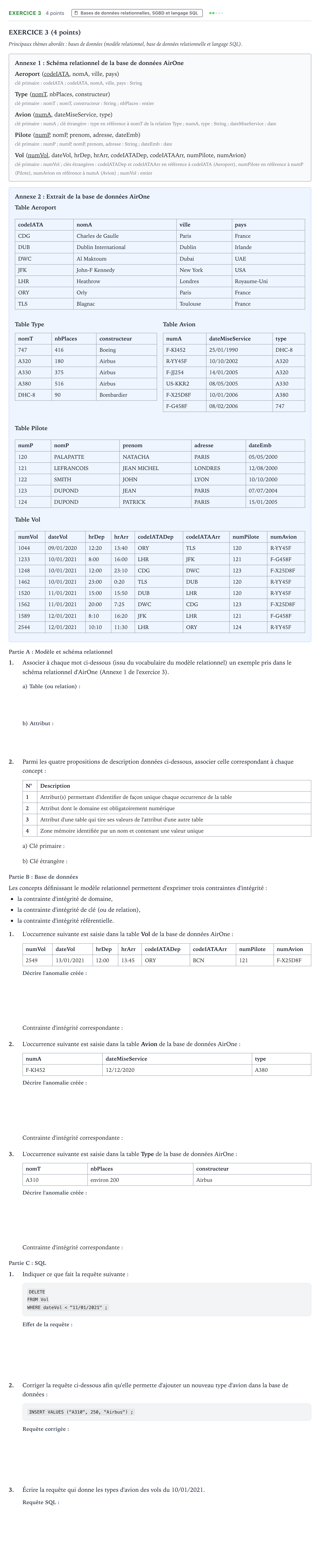 Énoncé: Exercice 3 · Bac Numérique et Sciences Informatiques Métropole 1 remplacement 2021