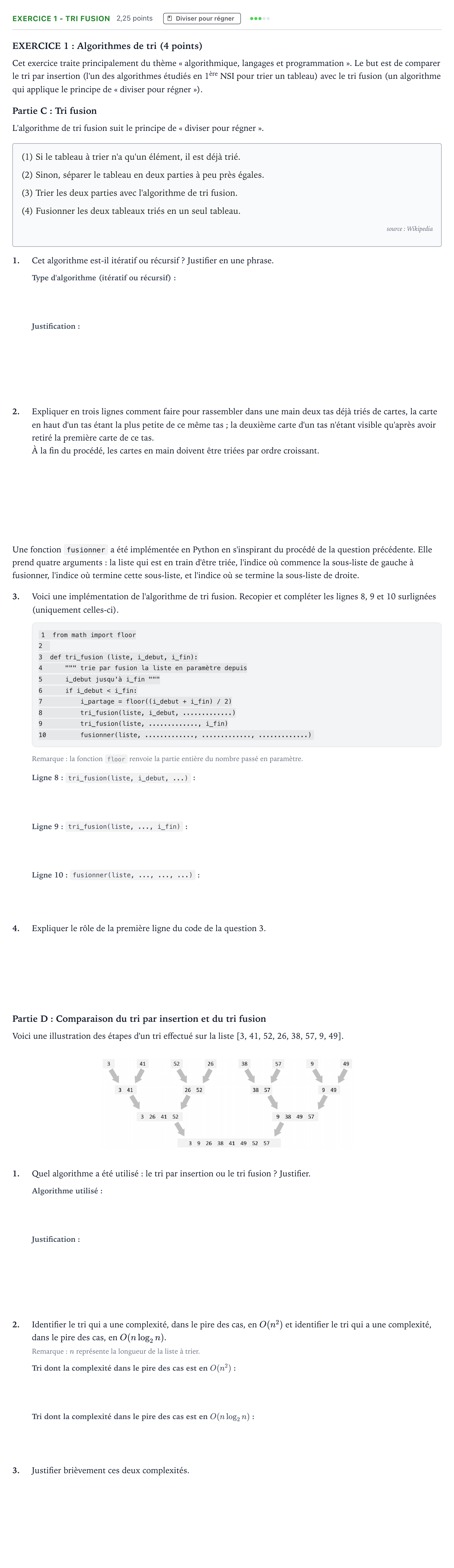 Énoncé: Exercice 1 - Tri fusion · Bac Numérique et Sciences Informatiques Polynésie 2021 (jour 2)