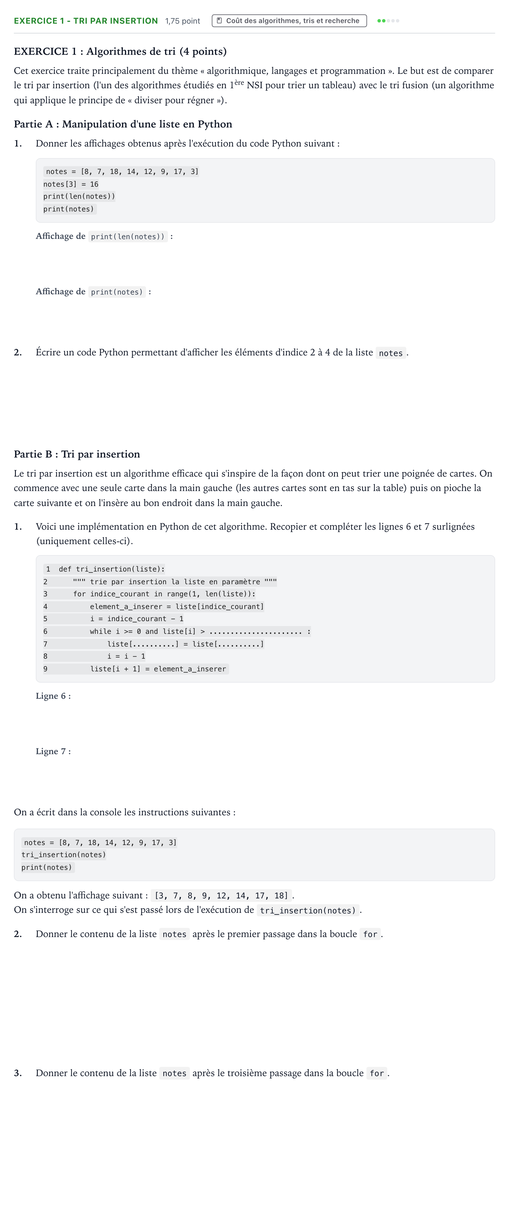 Énoncé: Exercice 1 - Tri par insertion · Bac Numérique et Sciences Informatiques Polynésie 2021 (jour 2)
