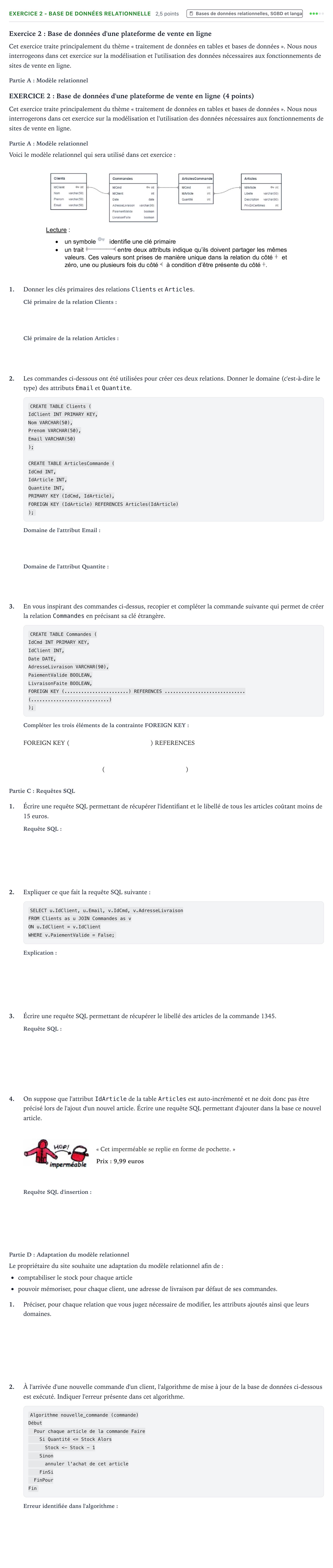 Énoncé: Exercice 2 - Base de données relationnelle · Bac Numérique et Sciences Informatiques Polynésie 2021 (jour 2)