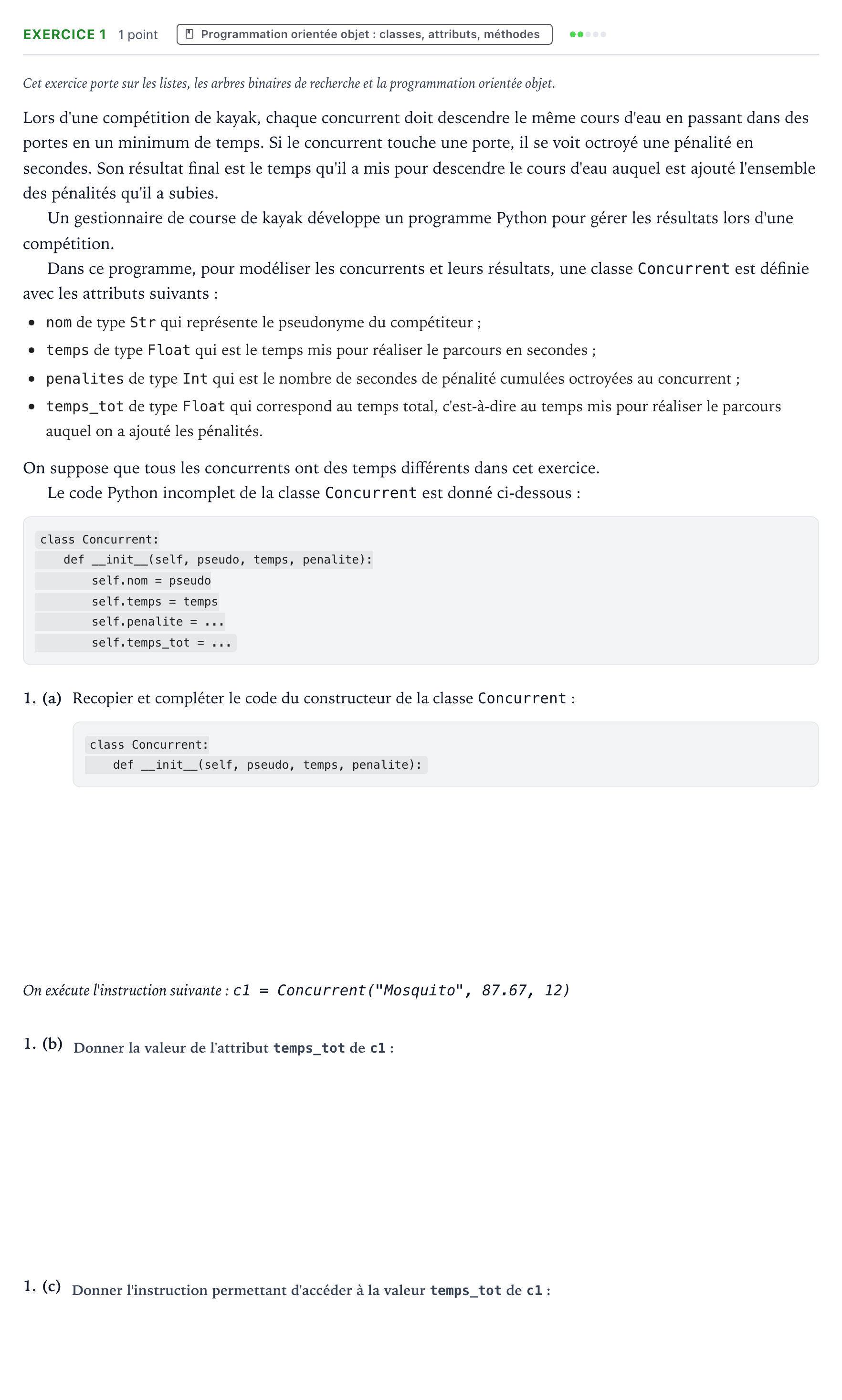 Énoncé: Exercice 1 - Programmation orientée objet · Bac Numérique et Sciences Informatiques Amérique du Nord 2022 (jour 2)