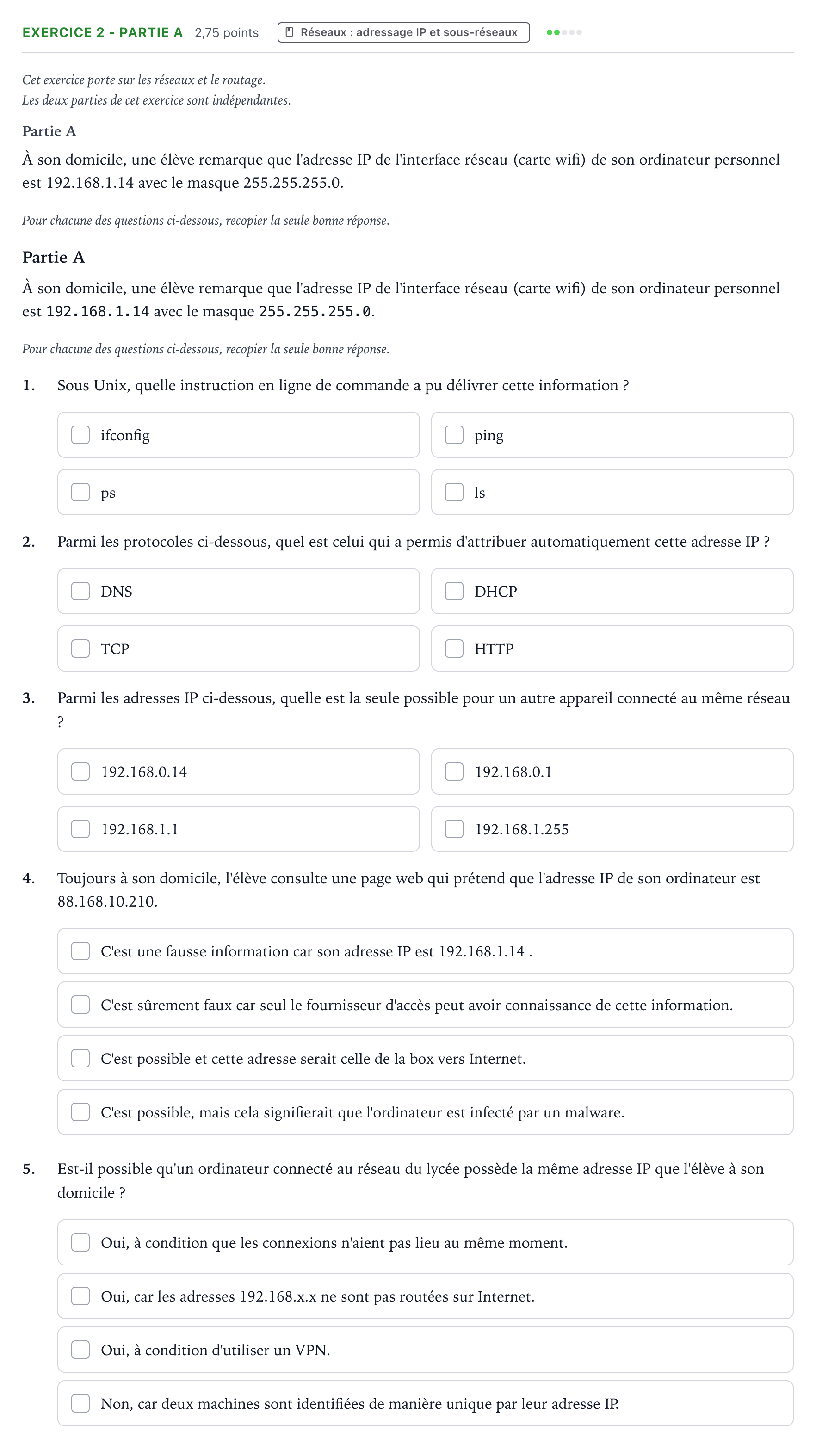 Énoncé: Exercice 2 - Partie A · Bac Numérique et Sciences Informatiques Amérique du Sud 2022 (jour 2)