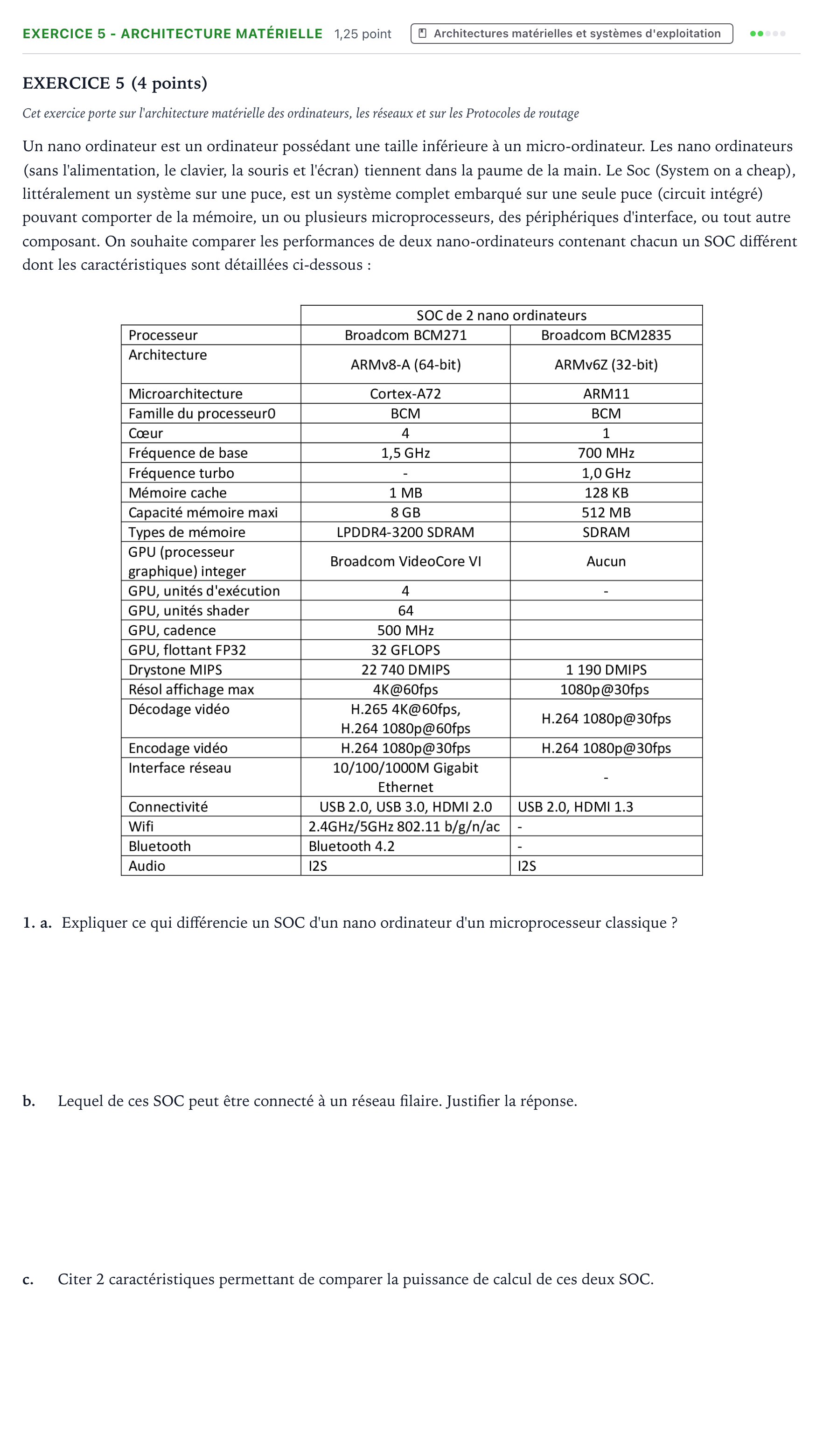 Énoncé: Exercice 5 - Architecture matérielle · Bac Numérique et Sciences Informatiques Centres étrangers (Afrique) 2022 (jour 1)