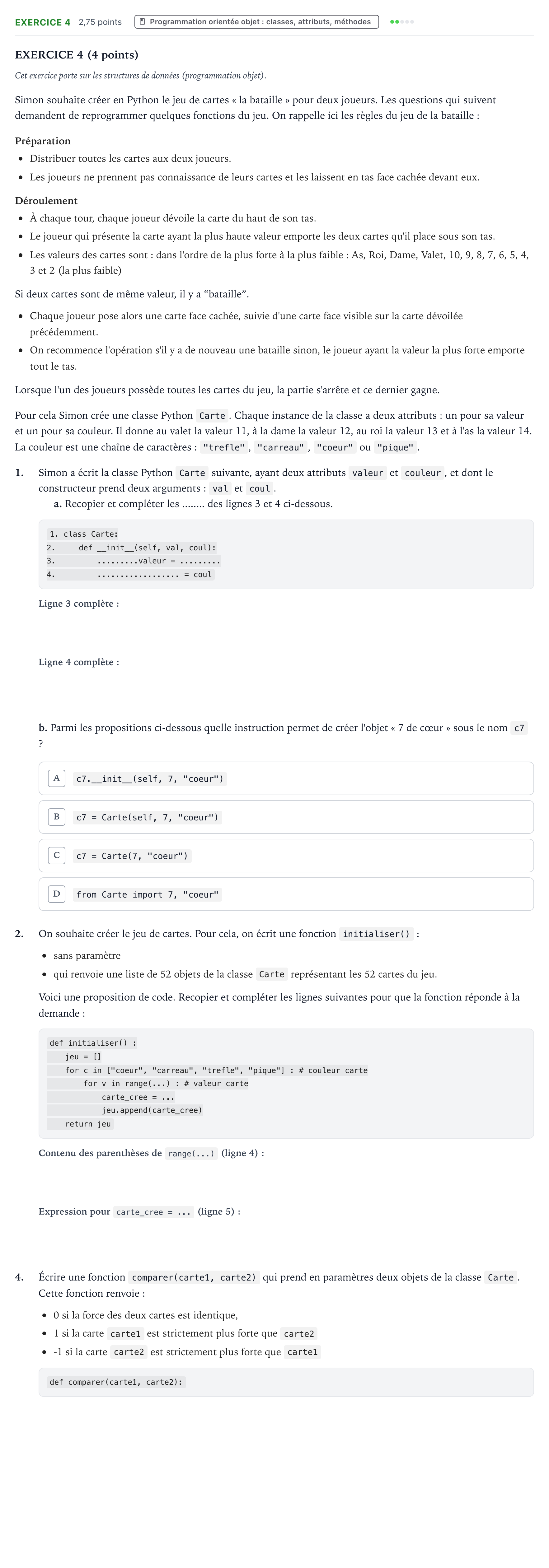 Énoncé: Exercice 4 - Programmation orientée objet · Bac Numérique et Sciences Informatiques Centres étrangers (Afrique) 2022 (jour 2)
