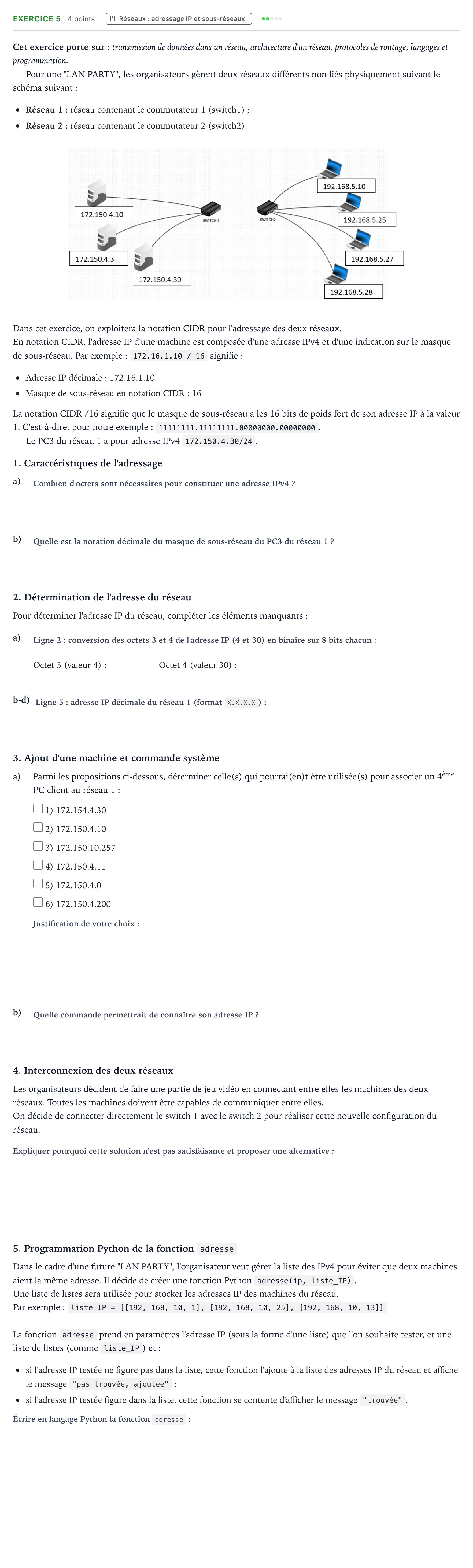 Énoncé: Exercice 5 · Bac Numérique et Sciences Informatiques Mayotte-Liban 2022 (jour 1)