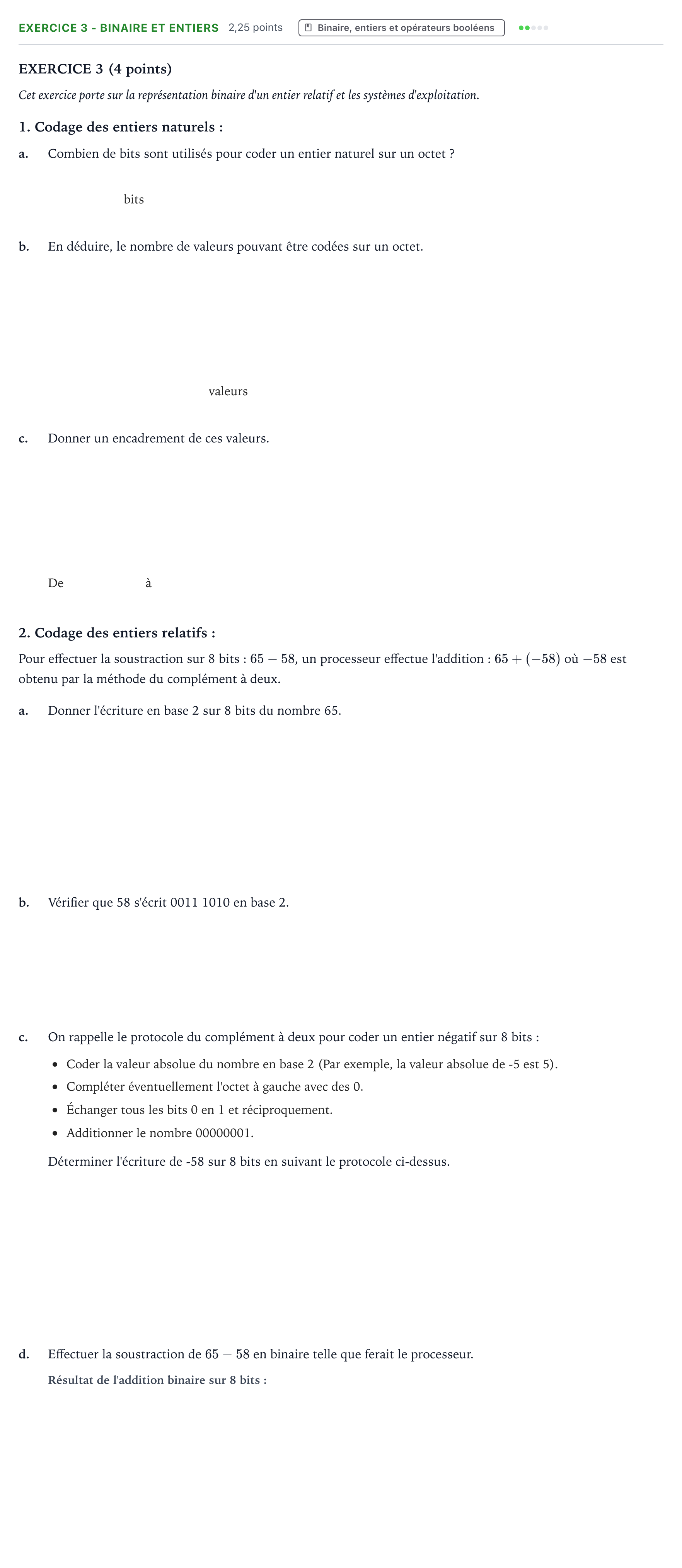 Énoncé: Exercice 3 - Binaire et entiers · Bac Numérique et Sciences Informatiques Mayotte-Liban 2022 (jour 2)