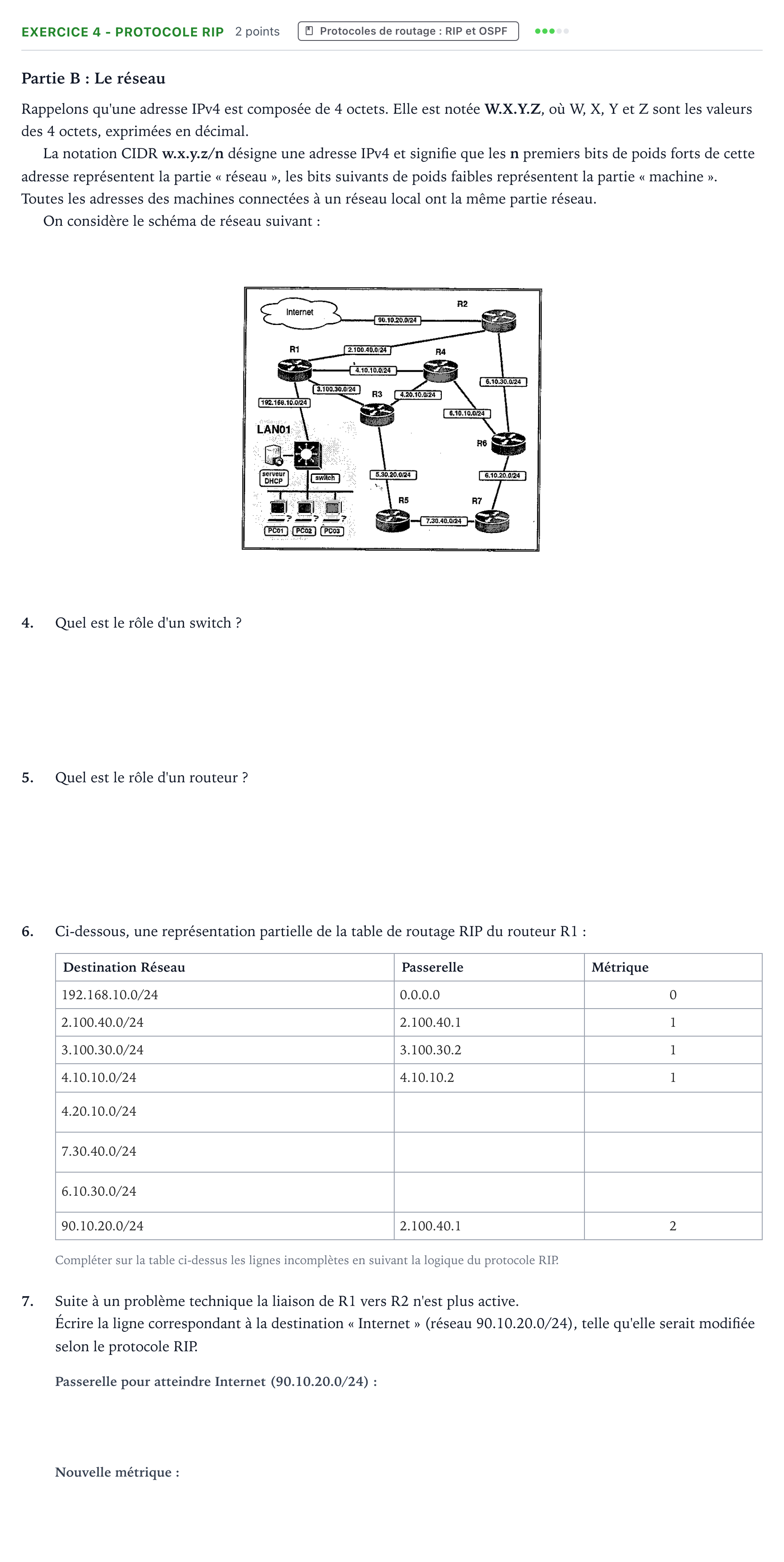 Énoncé: Exercice 4 - Protocole RIP · Bac Numérique et Sciences Informatiques Métropole 1 remplacement 2022