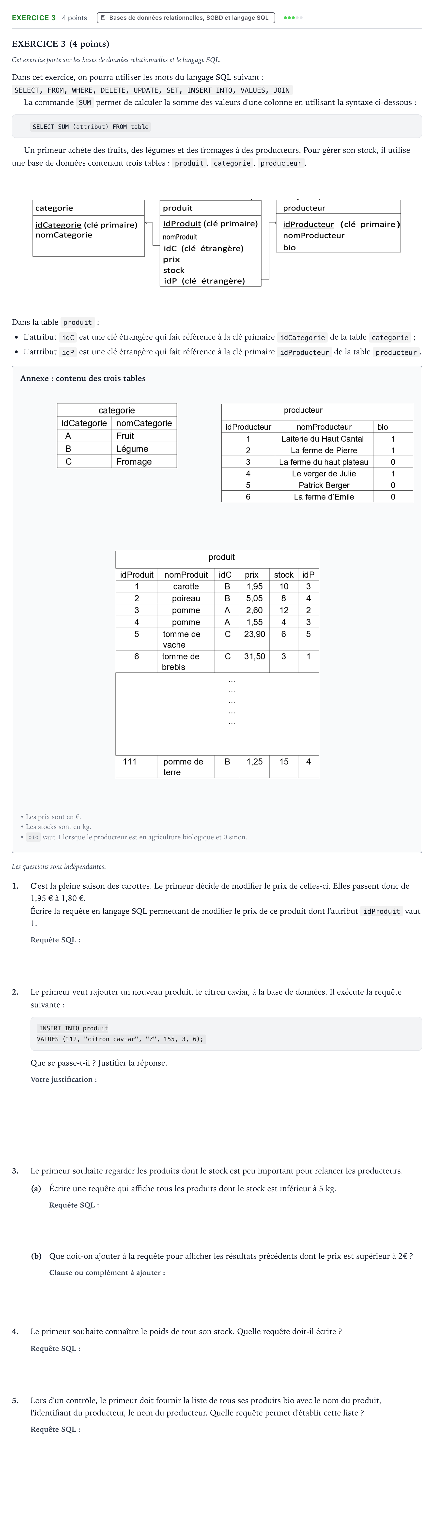 Énoncé: Exercice 3 · Bac Numérique et Sciences Informatiques Métropole 2 remplacement 2022