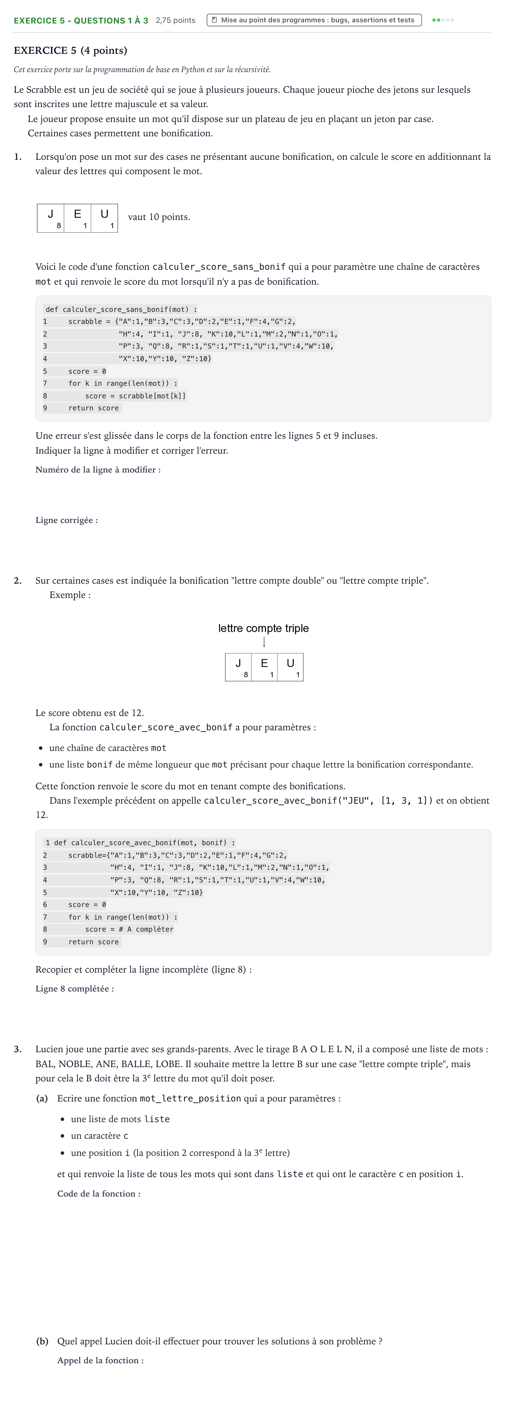 Énoncé: Exercice 5 - Questions 1 à 3 · Bac Numérique et Sciences Informatiques Métropole 2 remplacement 2022