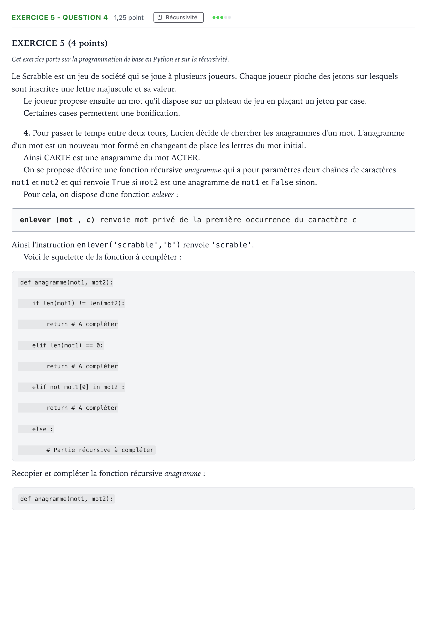Énoncé: Exercice 5 - Question 4 · Bac Numérique et Sciences Informatiques Métropole 2 remplacement 2022