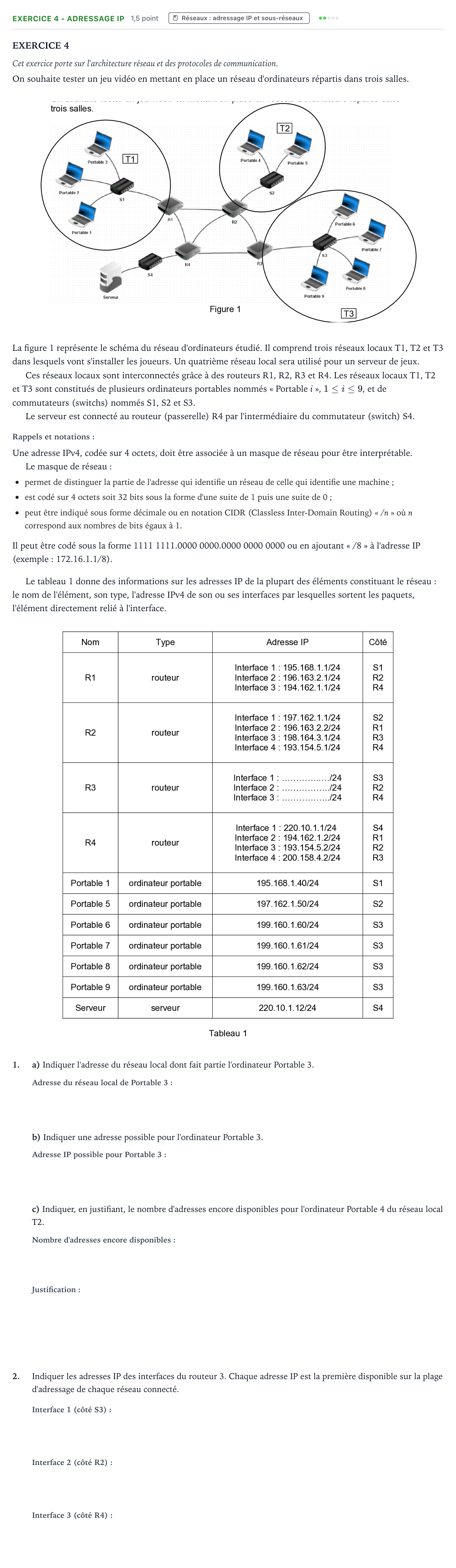 Énoncé: Exercice 4 - Adressage IP · Bac Numérique et Sciences Informatiques Nouvelle-Calédonie 2022 (jour 2)