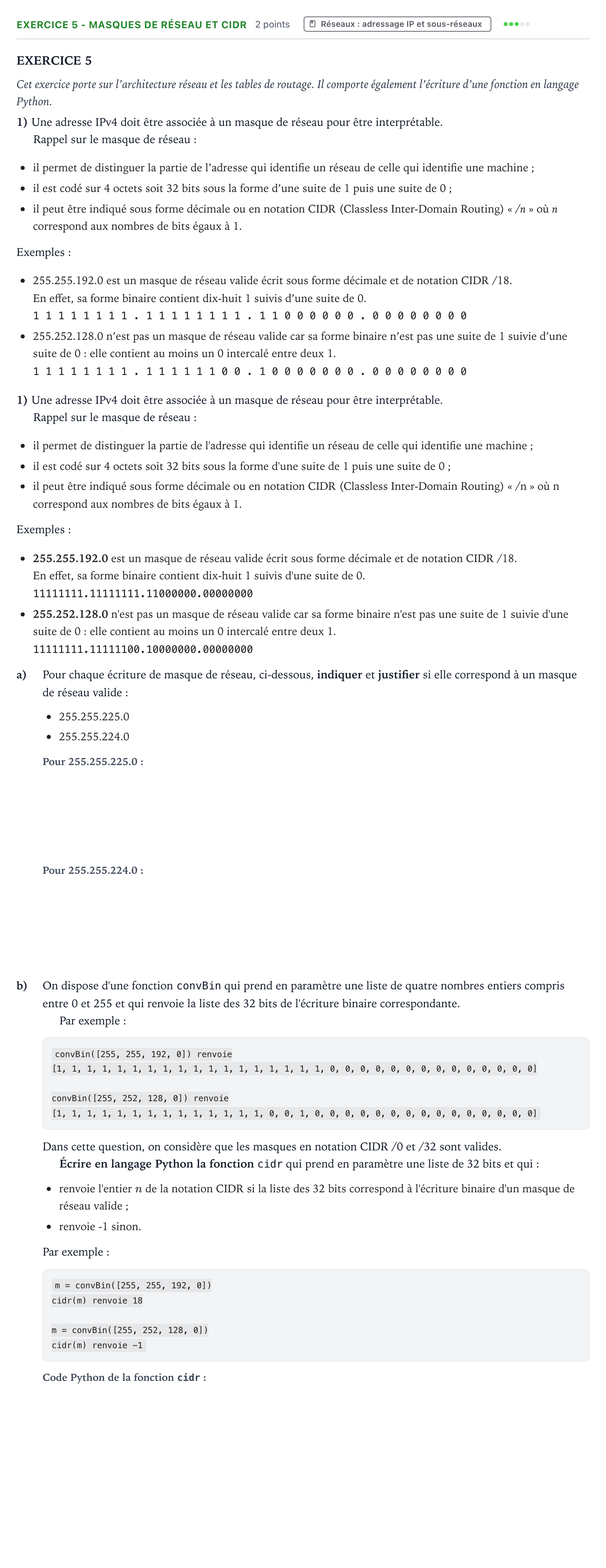 Énoncé: Exercice 5 - Masques de réseau et CIDR · Bac Numérique et Sciences Informatiques Nouvelle-Calédonie 2022 (jour 2)
