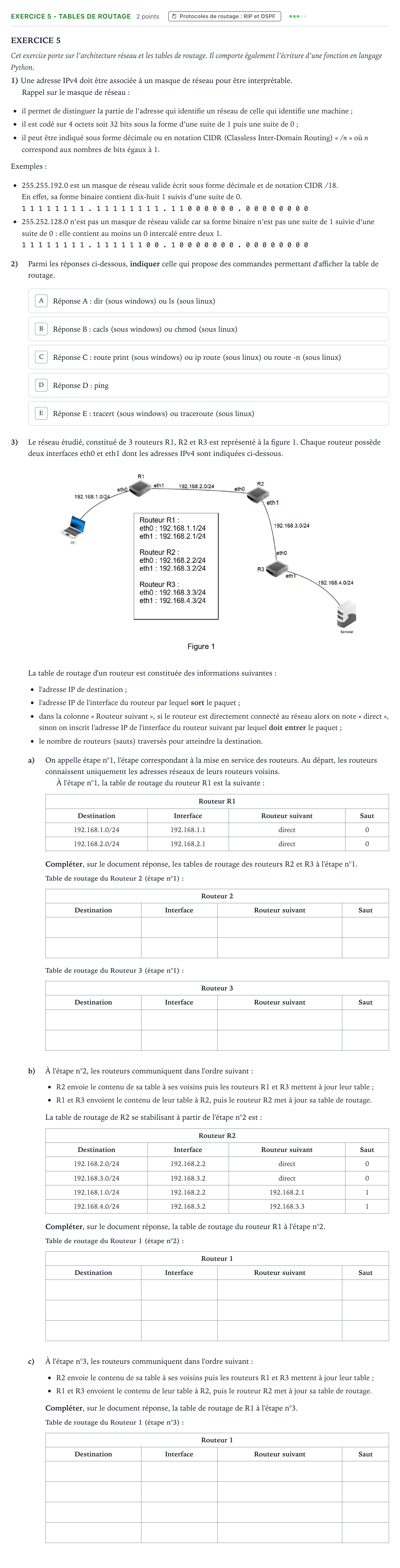 Énoncé: Exercice 5 - Tables de routage · Bac Numérique et Sciences Informatiques Nouvelle-Calédonie 2022 (jour 2)