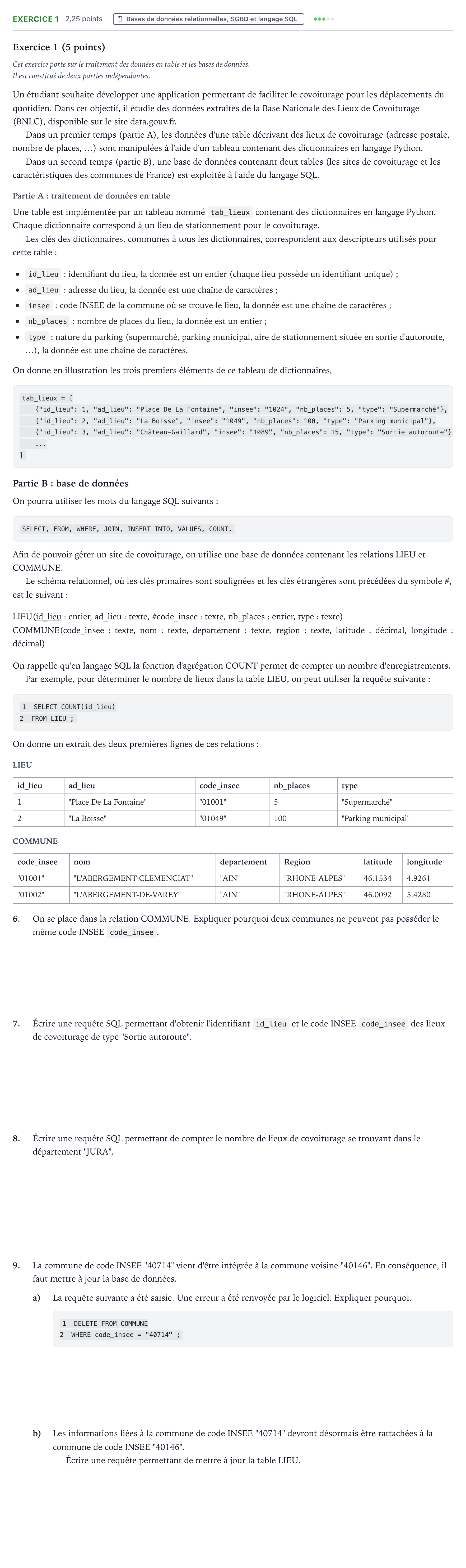 Énoncé: Exercice 1 - Bases de données · Bac Numérique et Sciences Informatiques Amérique du Nord 2023 (jour 1)