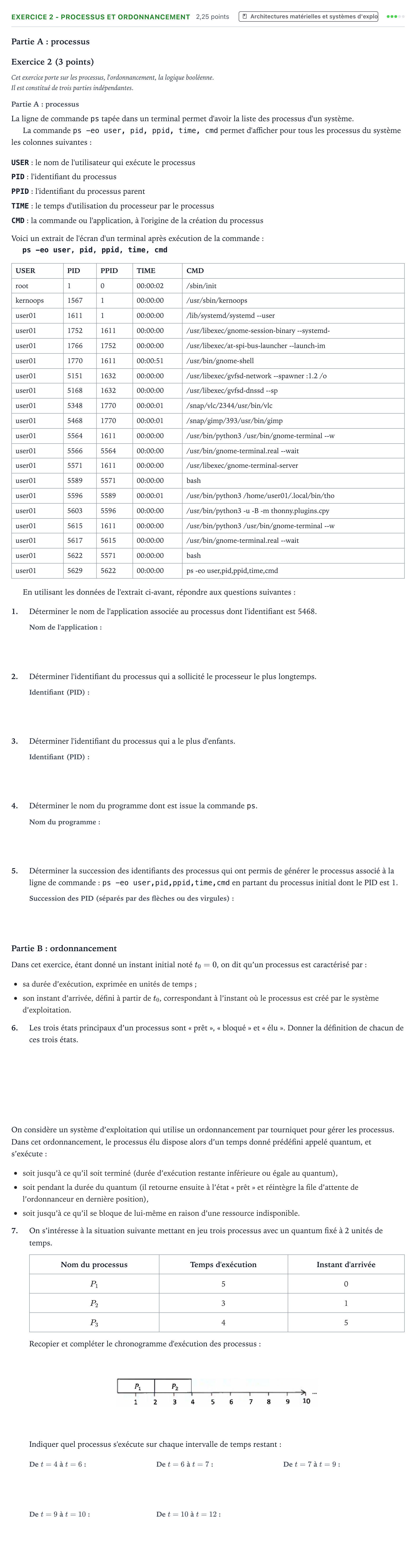 Énoncé: Exercice 2 - Processus et ordonnancement · Bac Numérique et Sciences Informatiques Amérique du Nord 2023 (jour 1)