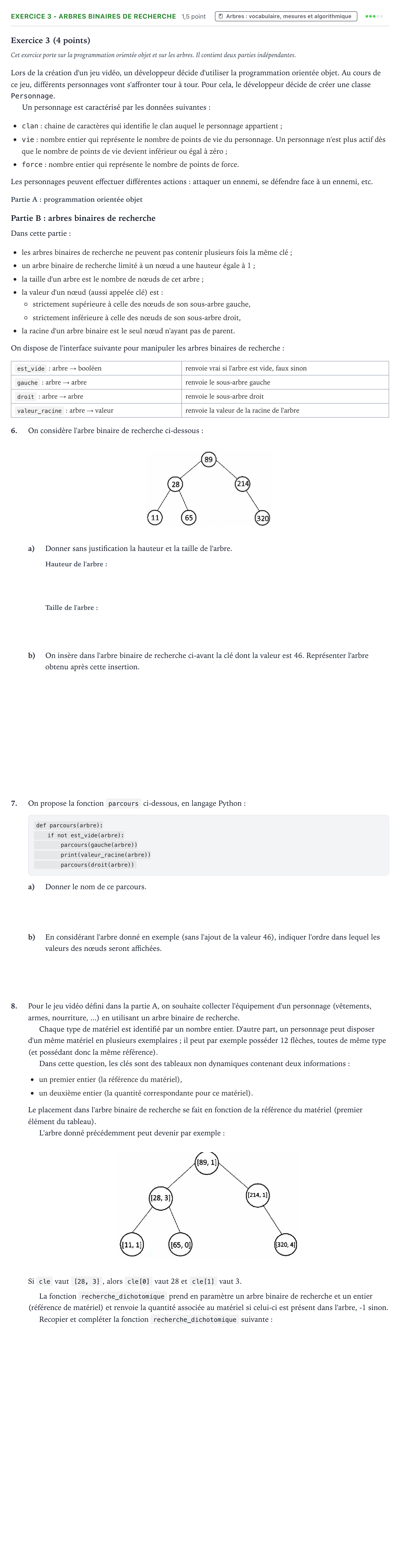 Énoncé: Exercice 3 - Arbres binaires de recherche · Bac Numérique et Sciences Informatiques Amérique du Nord 2023 (jour 1)