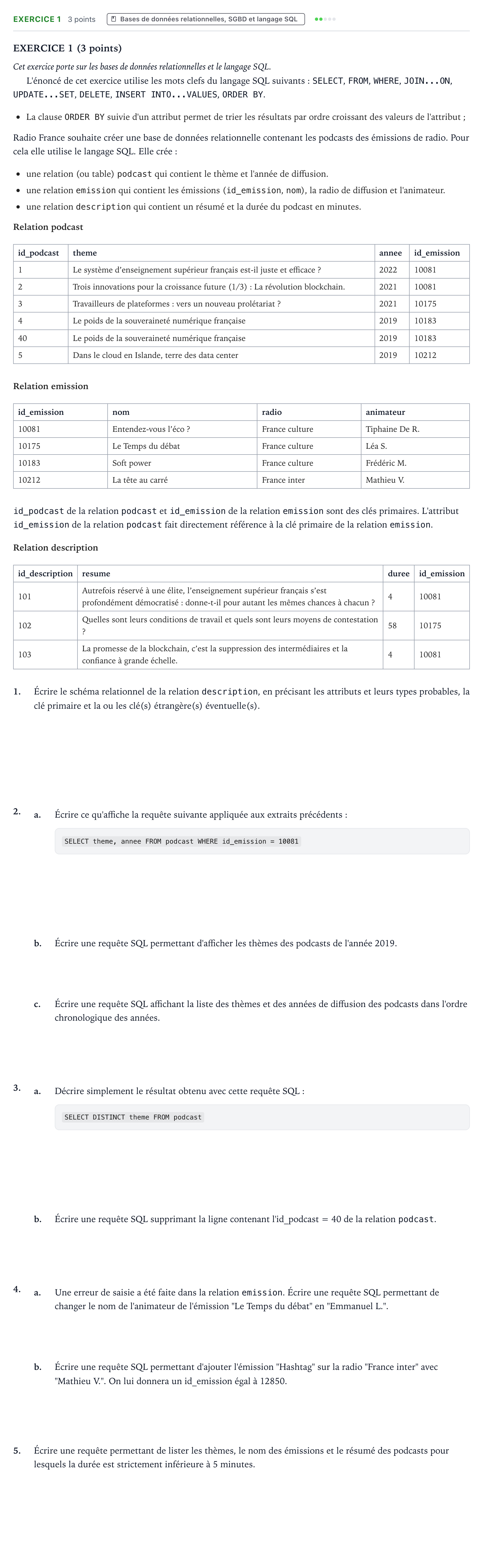 Énoncé: Exercice 1 · Bac Numérique et Sciences Informatiques Centres étrangers (Afrique) 2023 (jour 1)