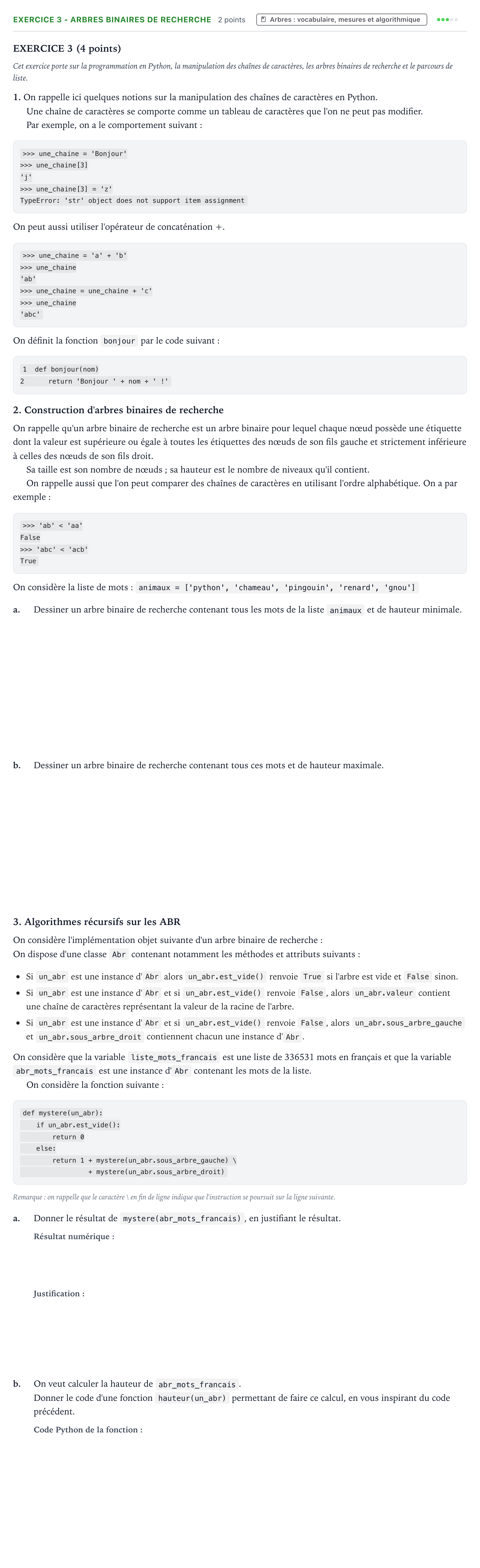 Énoncé: Exercice 3 - Arbres binaires de recherche · Bac Numérique et Sciences Informatiques Centres étrangers (Afrique) 2023 (jour 2)