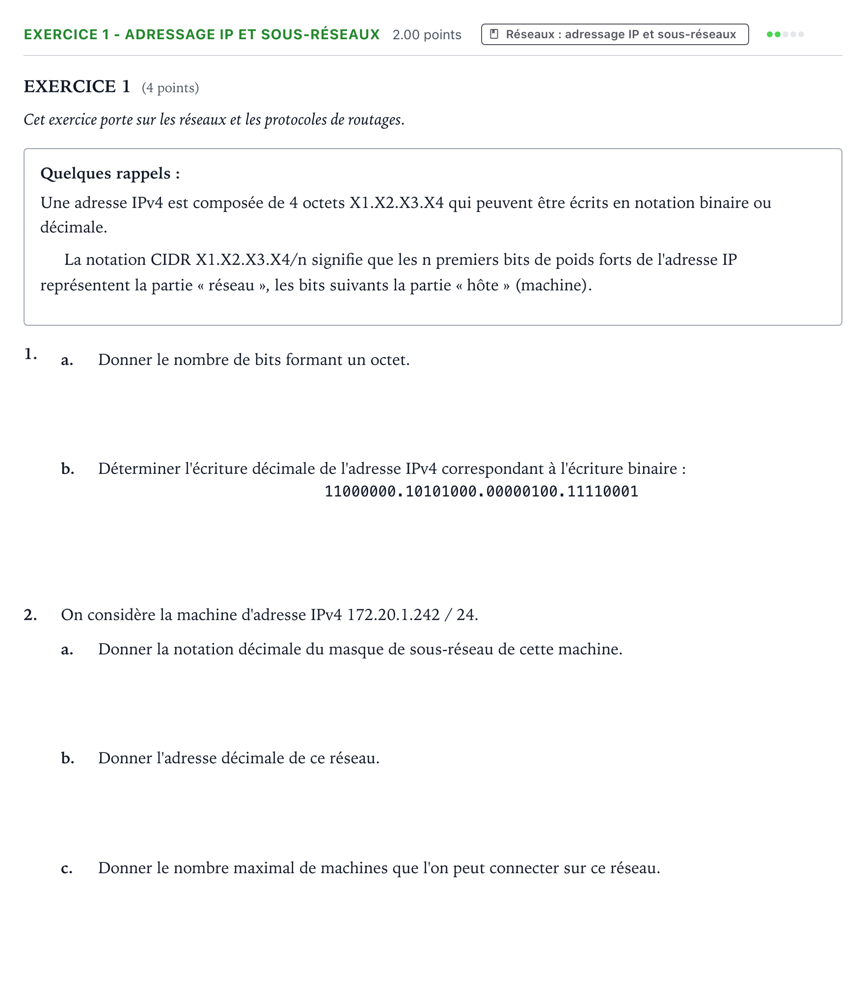 Énoncé: Exercice 1 - Adressage IP et sous-réseaux · Bac Numérique et Sciences Informatiques La Réunion 2023 (jour 1)