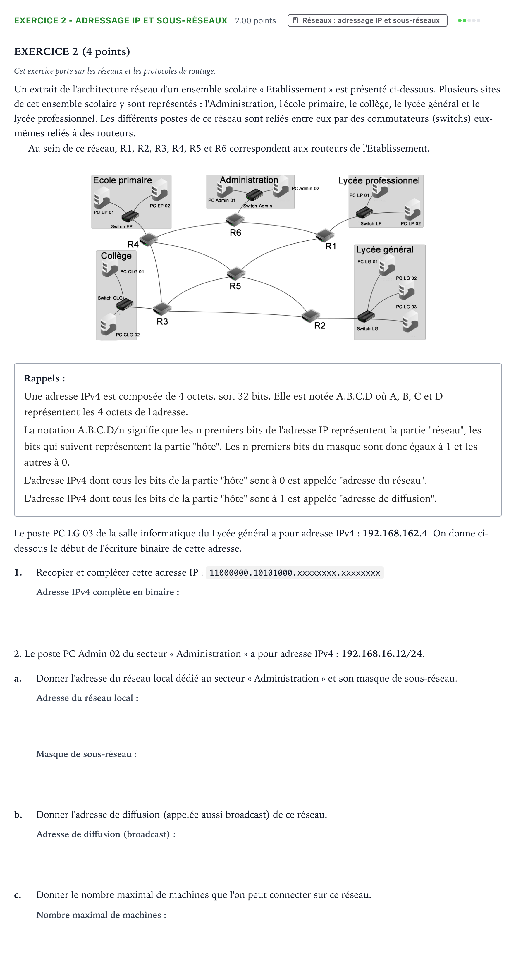 Énoncé: Exercice 2 - Adressage IP et sous-réseaux · Bac Numérique et Sciences Informatiques La Réunion 2023 (jour 2)