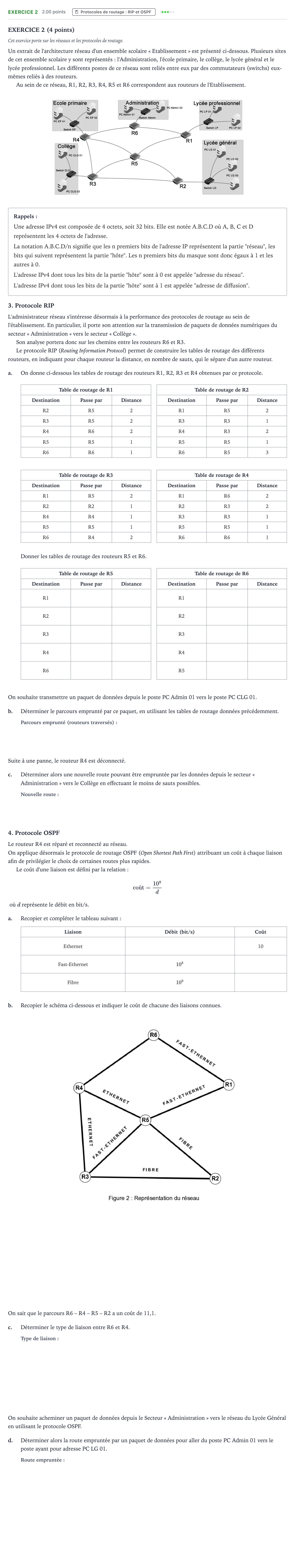 Énoncé: Exercice 2 - Protocoles de routage : RIP et OSPF · Bac Numérique et Sciences Informatiques La Réunion 2023 (jour 2)