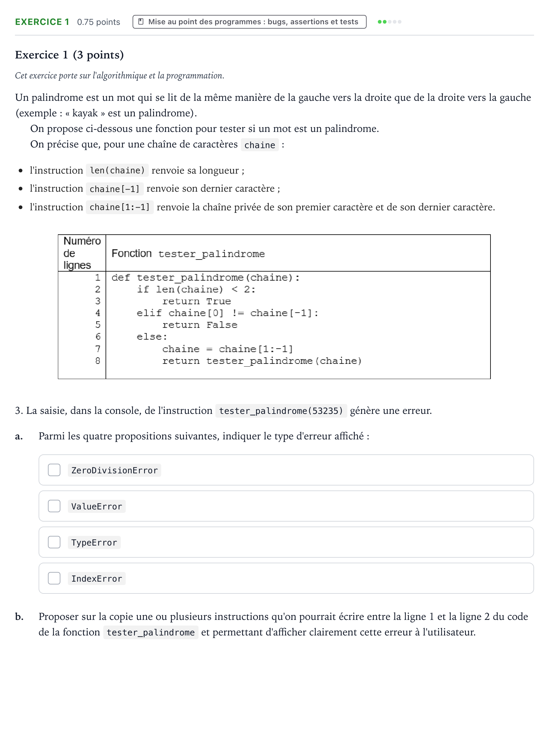 Énoncé: Exercice 1 - Mise au point des programmes · Bac Numérique et Sciences Informatiques Liban 2023 (jour 1)