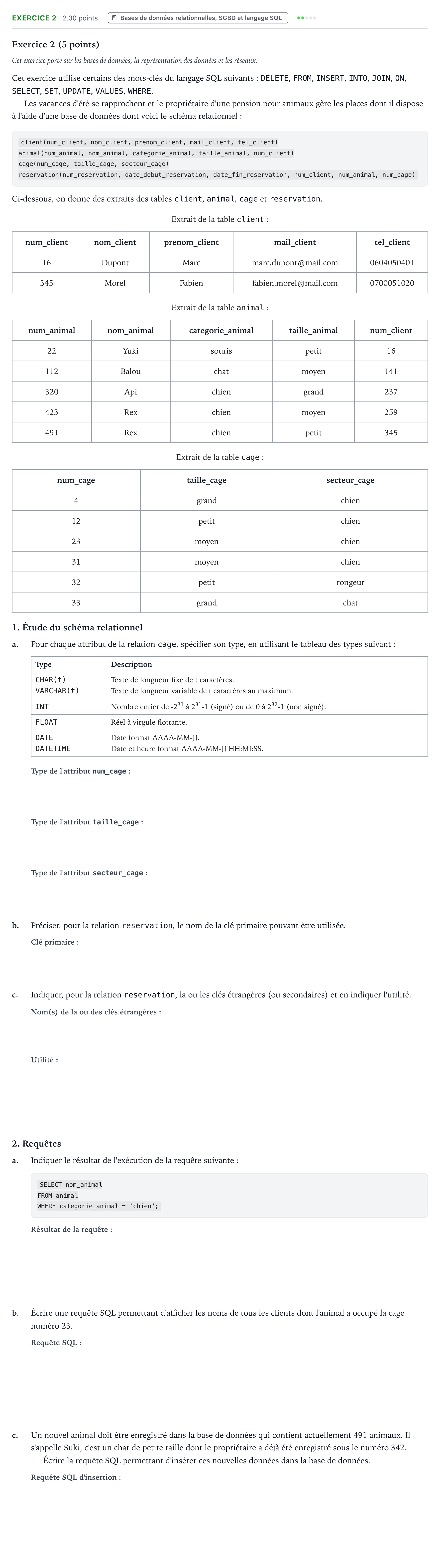 Énoncé: Exercice 2 - Bases de données · Bac Numérique et Sciences Informatiques Liban 2023 (jour 1)