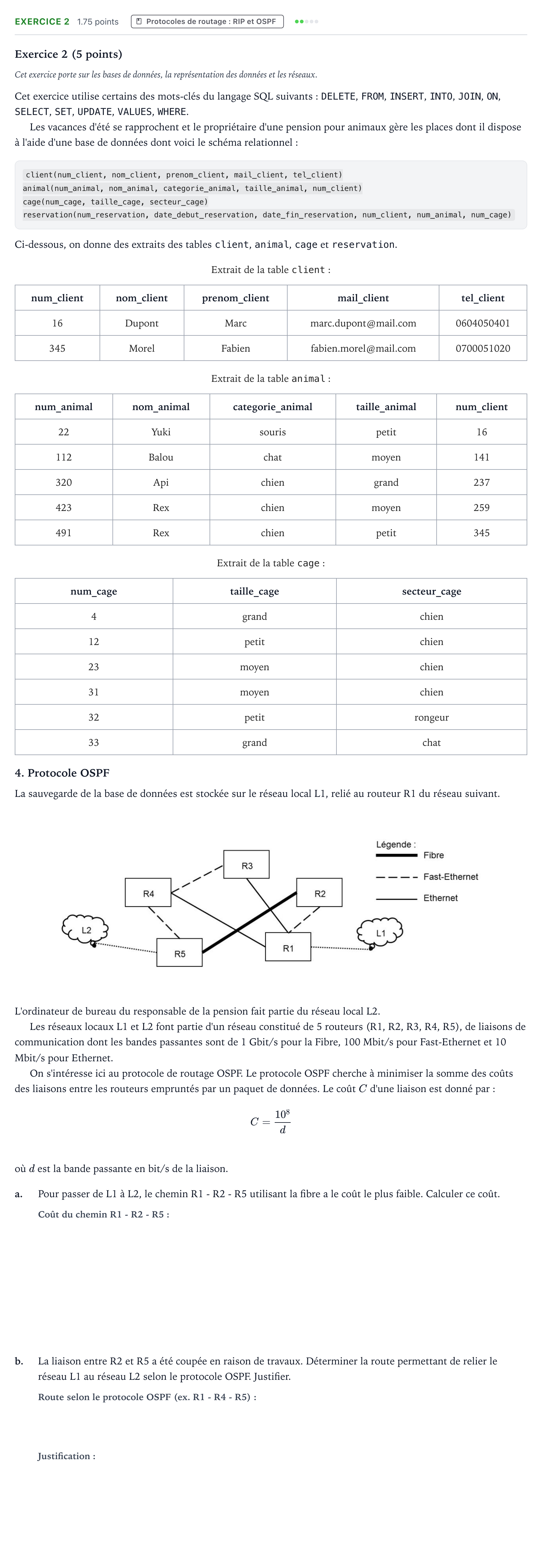 Énoncé: Exercice 2 - Protocoles de routage · Bac Numérique et Sciences Informatiques Liban 2023 (jour 1)