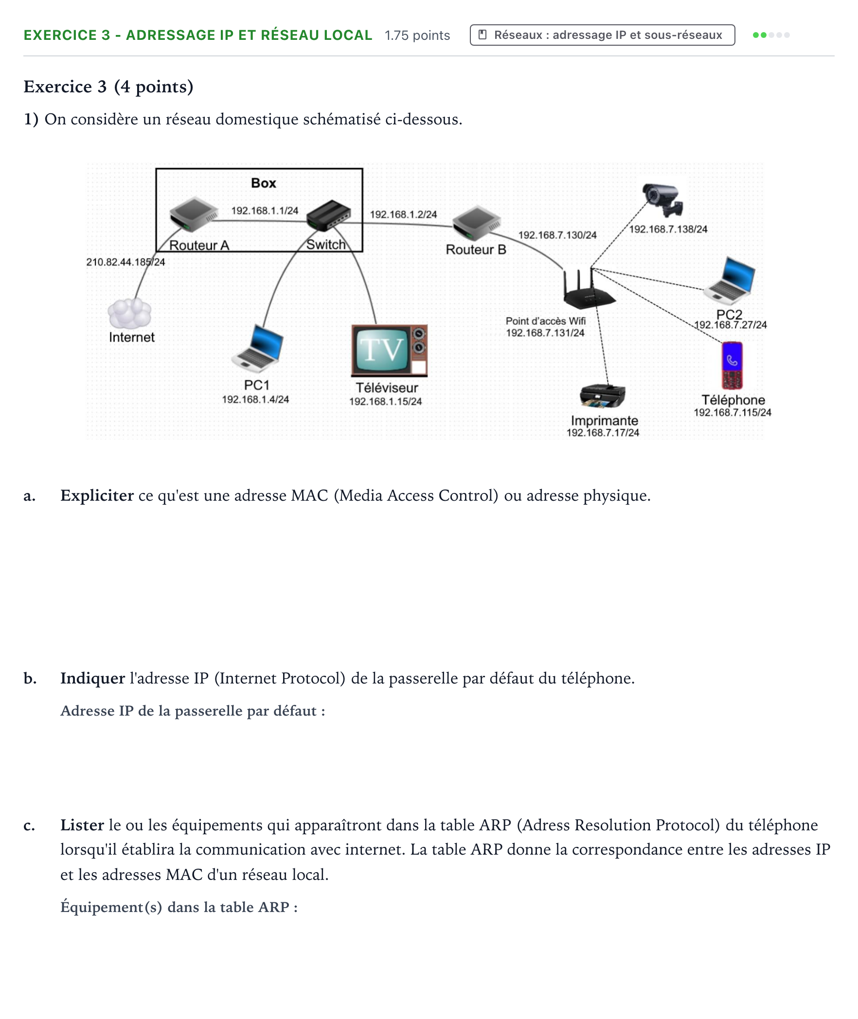 Énoncé: Exercice 3 - Adressage IP et réseau local · Bac Numérique et Sciences Informatiques Nouvelle-Calédonie 2023 (jour 1)