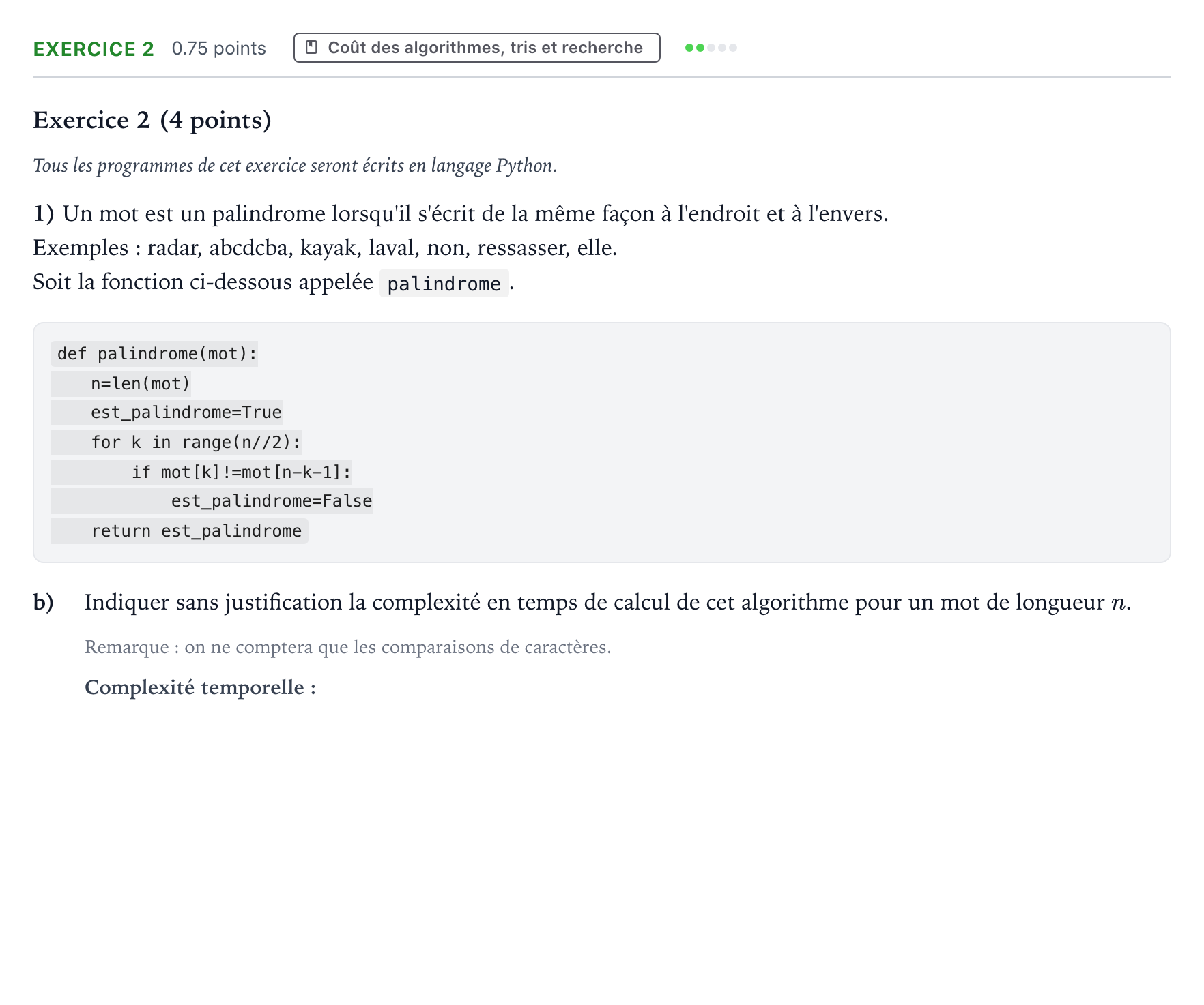 Énoncé: Exercice 2 - Coût des algorithmes · Bac Numérique et Sciences Informatiques Nouvelle-Calédonie 2023 (jour 2)