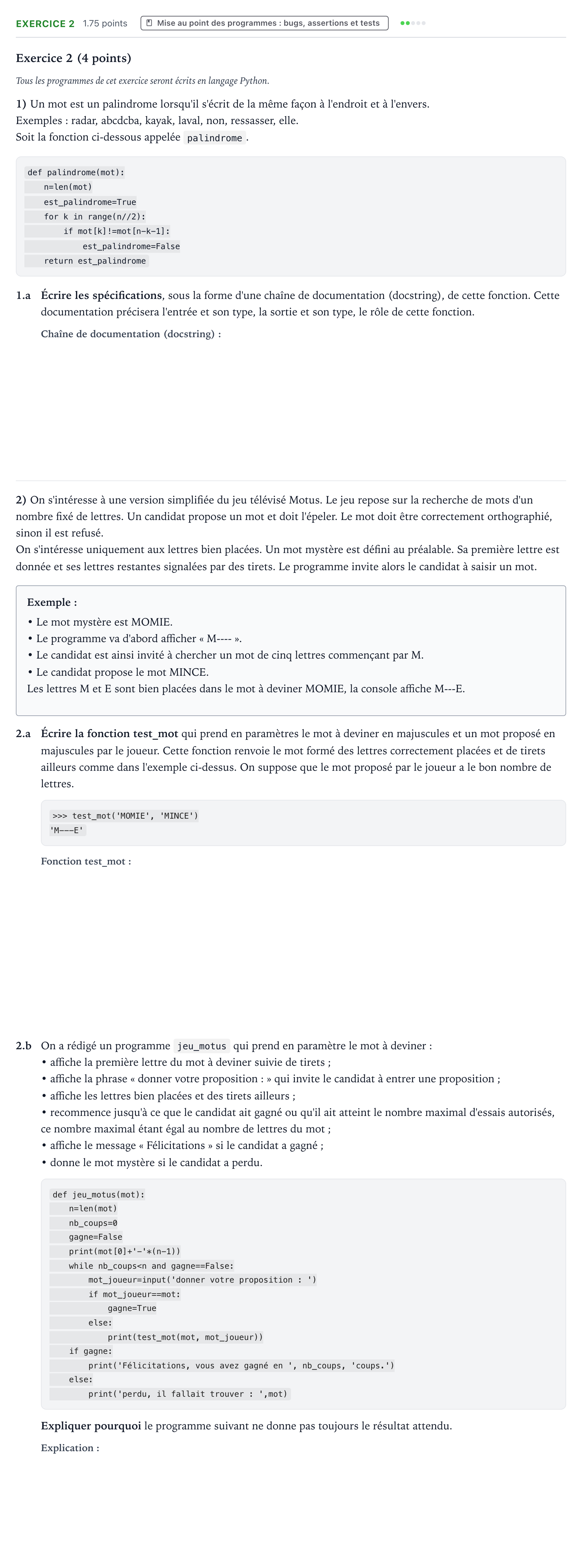 Énoncé: Exercice 2 - Mise au point des programmes · Bac Numérique et Sciences Informatiques Nouvelle-Calédonie 2023 (jour 2)