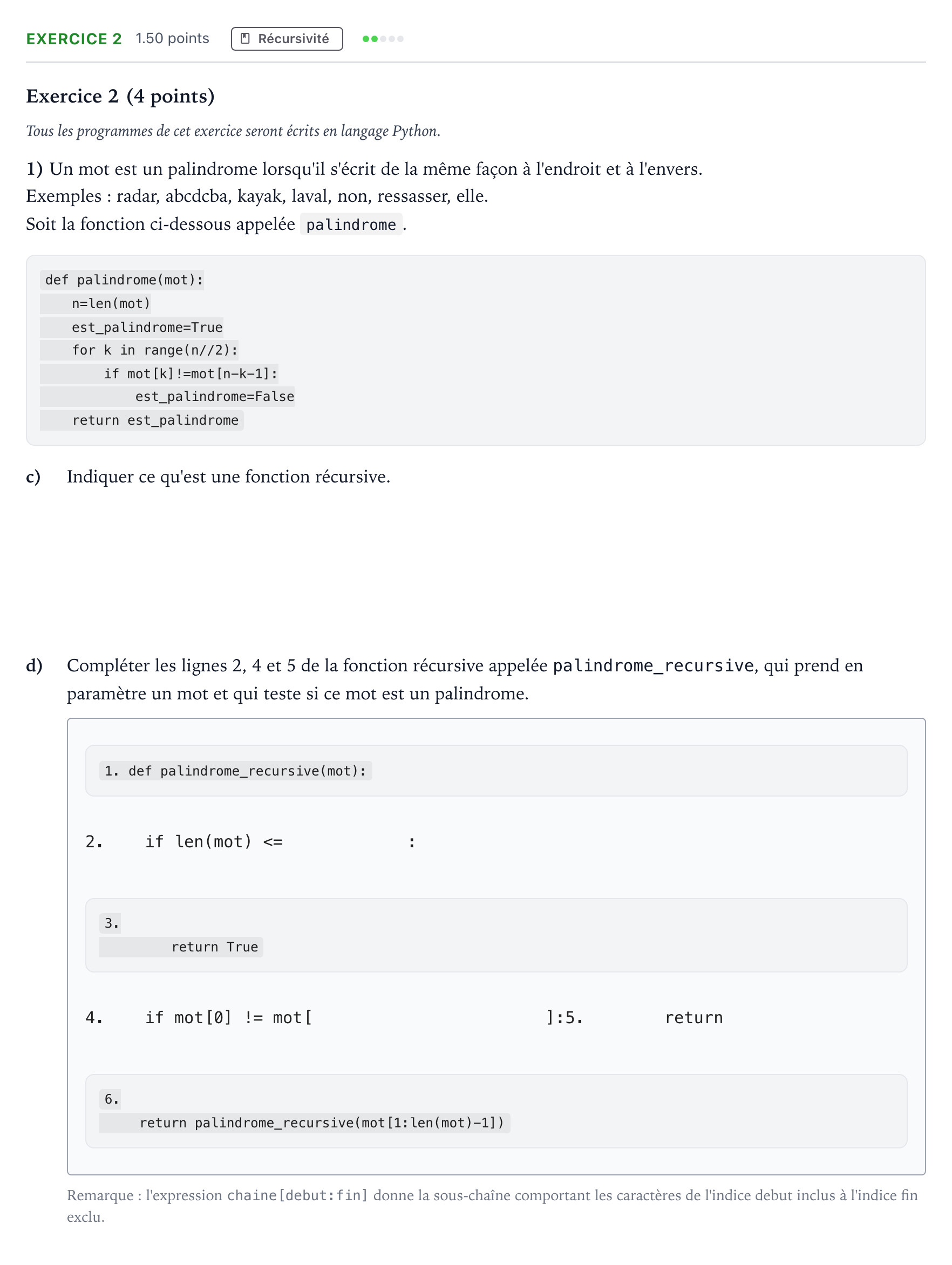 Énoncé: Exercice 2 - Récursivité · Bac Numérique et Sciences Informatiques Nouvelle-Calédonie 2023 (jour 2)