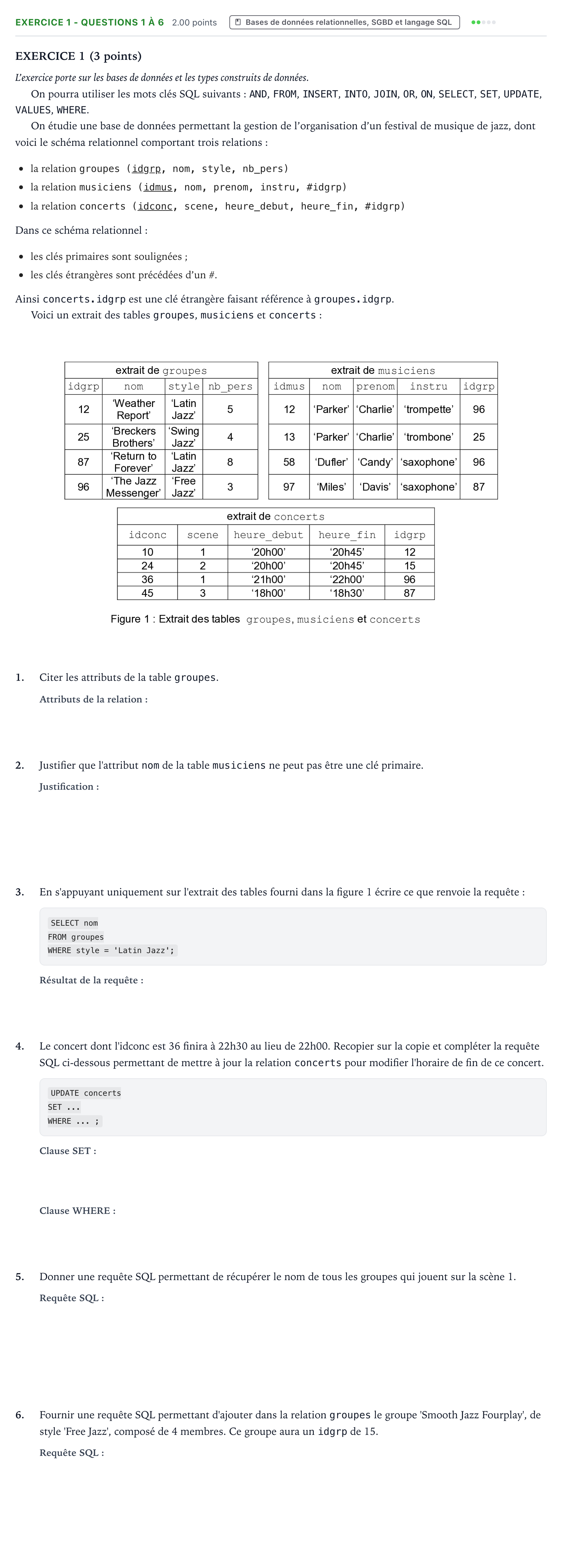 Énoncé: Exercice 1 - Questions 1 à 6 · Bac Numérique et Sciences Informatiques Sujets zéro et spécimens sujet 2023 (sujet 1)