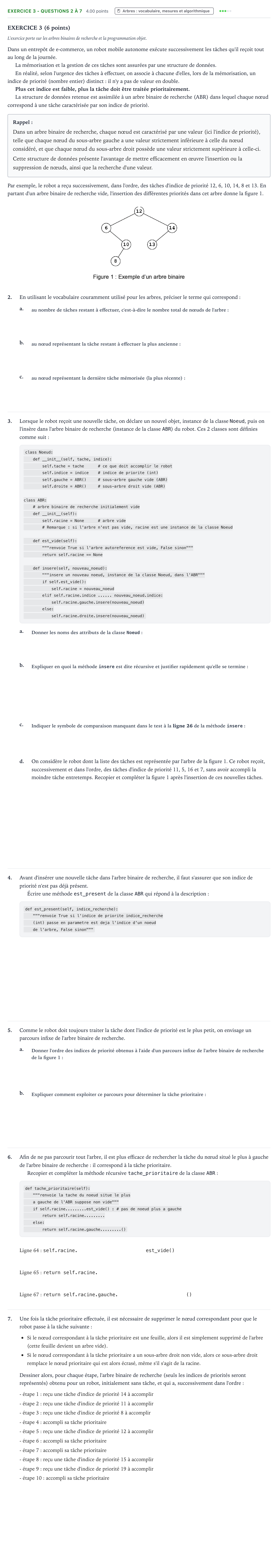 Énoncé: Exercice 3 - Questions 2 à 7 · Bac Numérique et Sciences Informatiques Sujets zéro et spécimens sujet 2023 (sujet 1)
