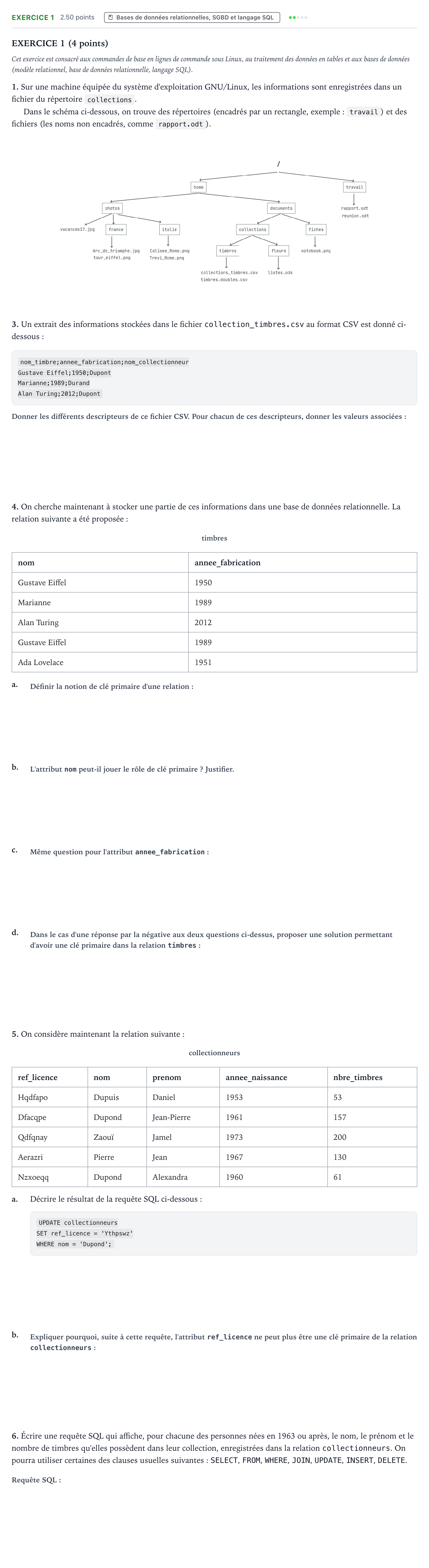Énoncé: Exercice 1 - Bases de données · Bac Numérique et Sciences Informatiques Sujets zéro et spécimens sujet 2023 (sujet 2)