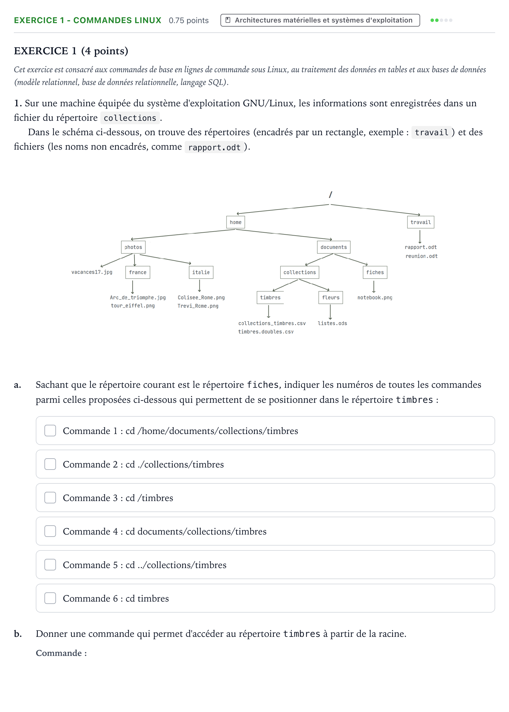 Énoncé: Exercice 1 - Commandes Linux · Bac Numérique et Sciences Informatiques Sujets zéro et spécimens sujet 2023 (sujet 2)