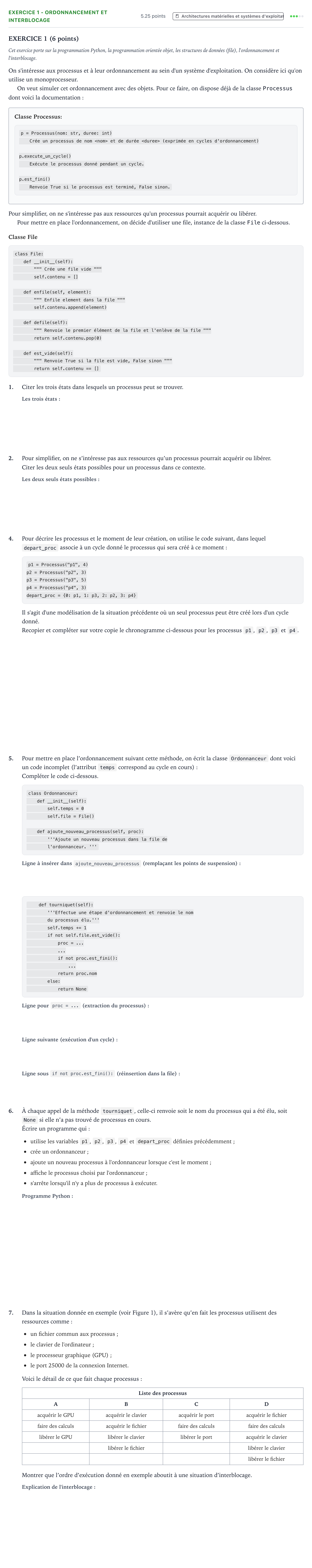 Énoncé: Exercice 1 - Ordonnancement et interblocage · Bac Numérique et Sciences Informatiques Amérique du Nord 2024 (jour 1)